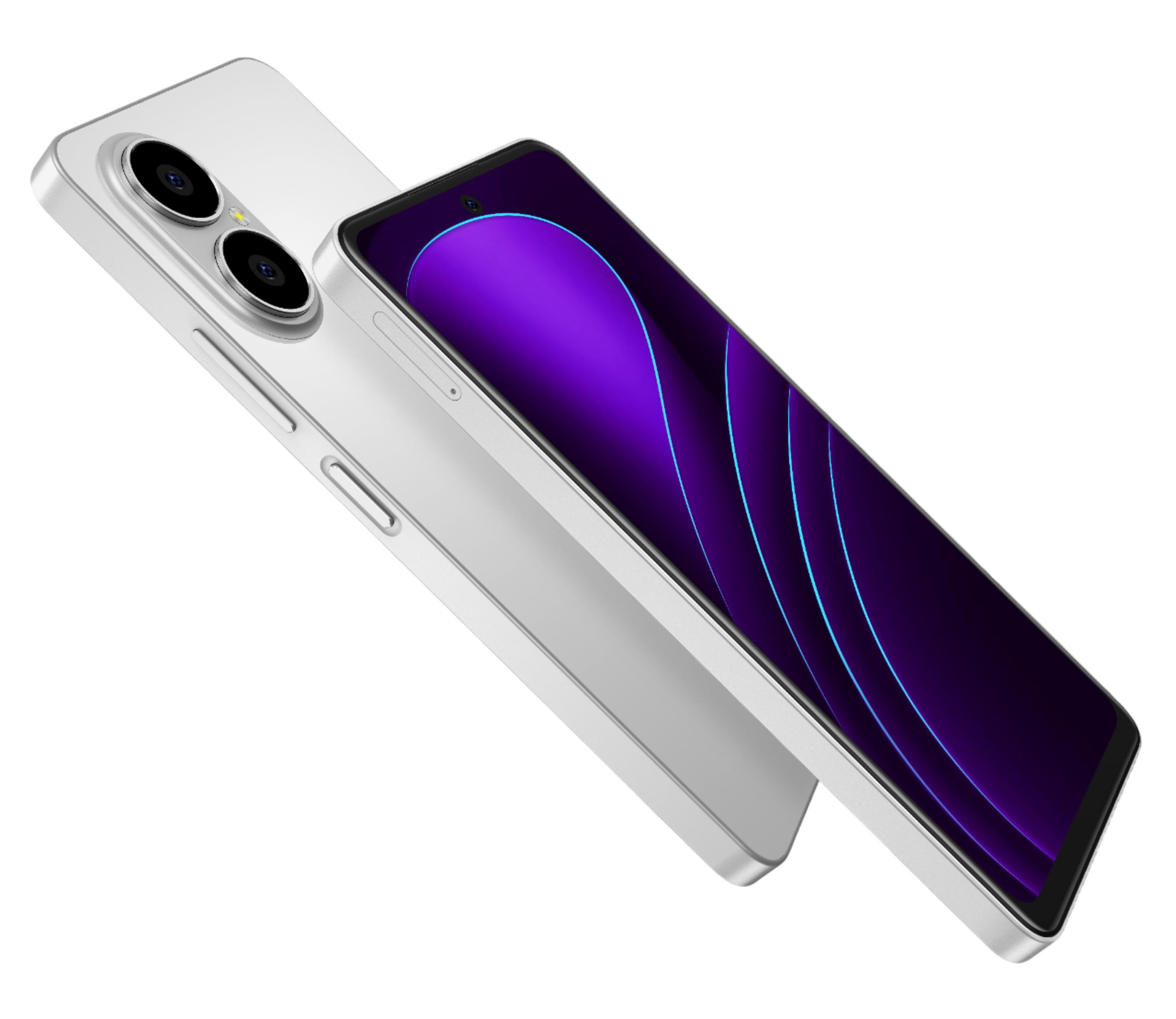 İki kameralı gümüş akıllı telefon, ekranında mor duvar kağıdı.