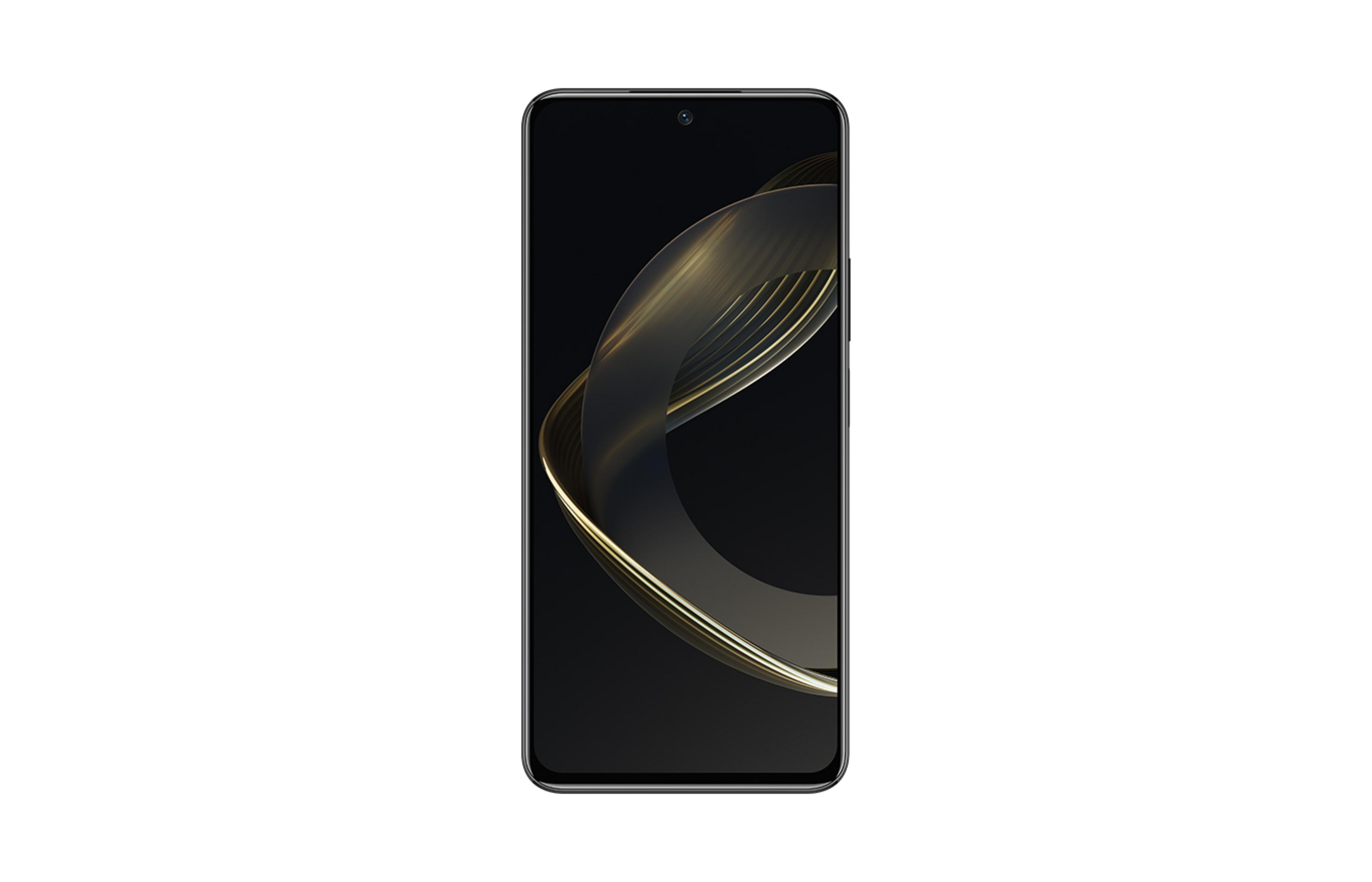 Ein schwarzes Smartphone mit einem abstrakten goldenen Muster auf dem dunklen Bildschirm.
