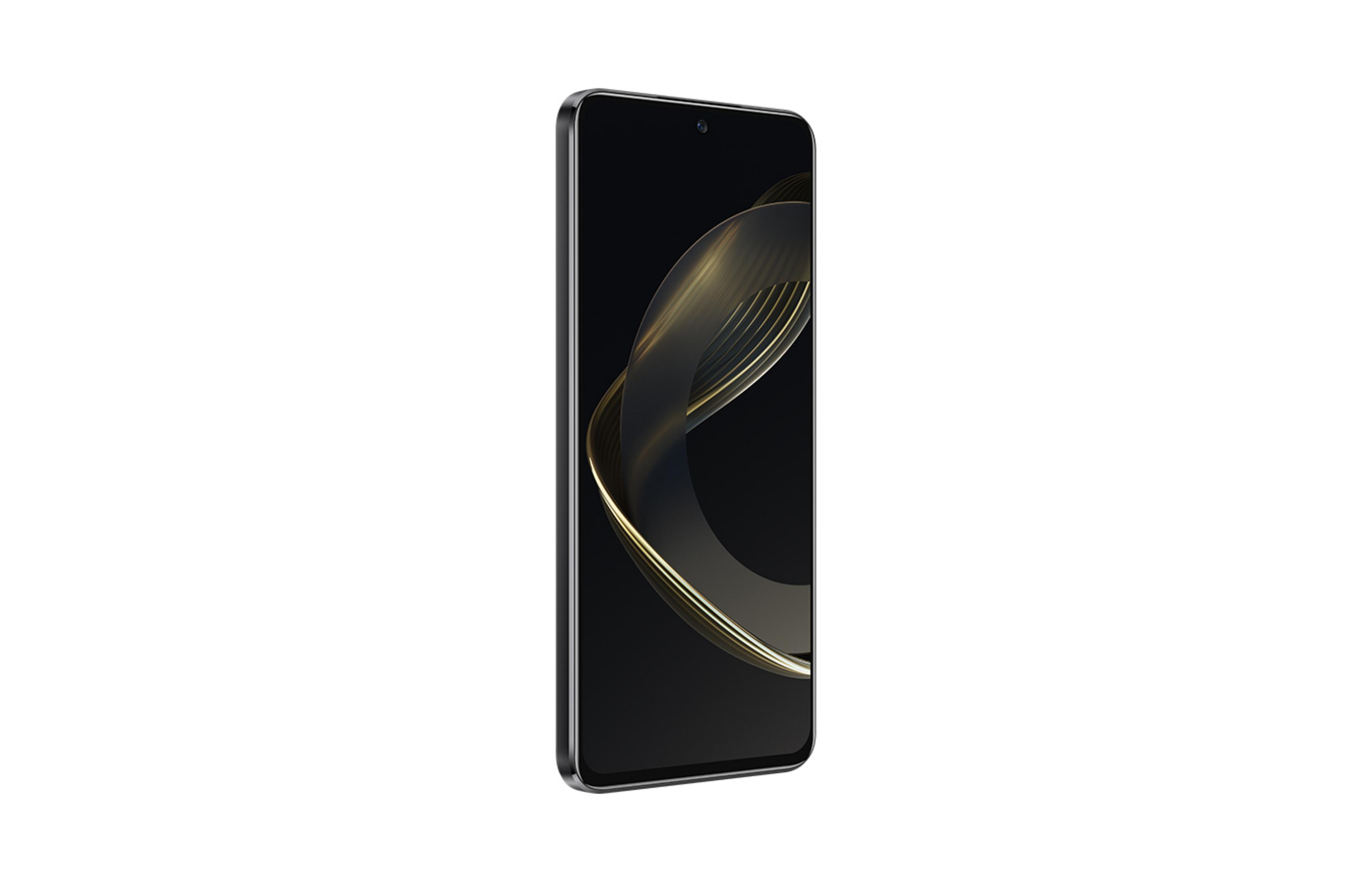 Ein schwarzes Smartphone mit einem eleganten, geschwungenen goldenen Muster auf dem Bildschirm.