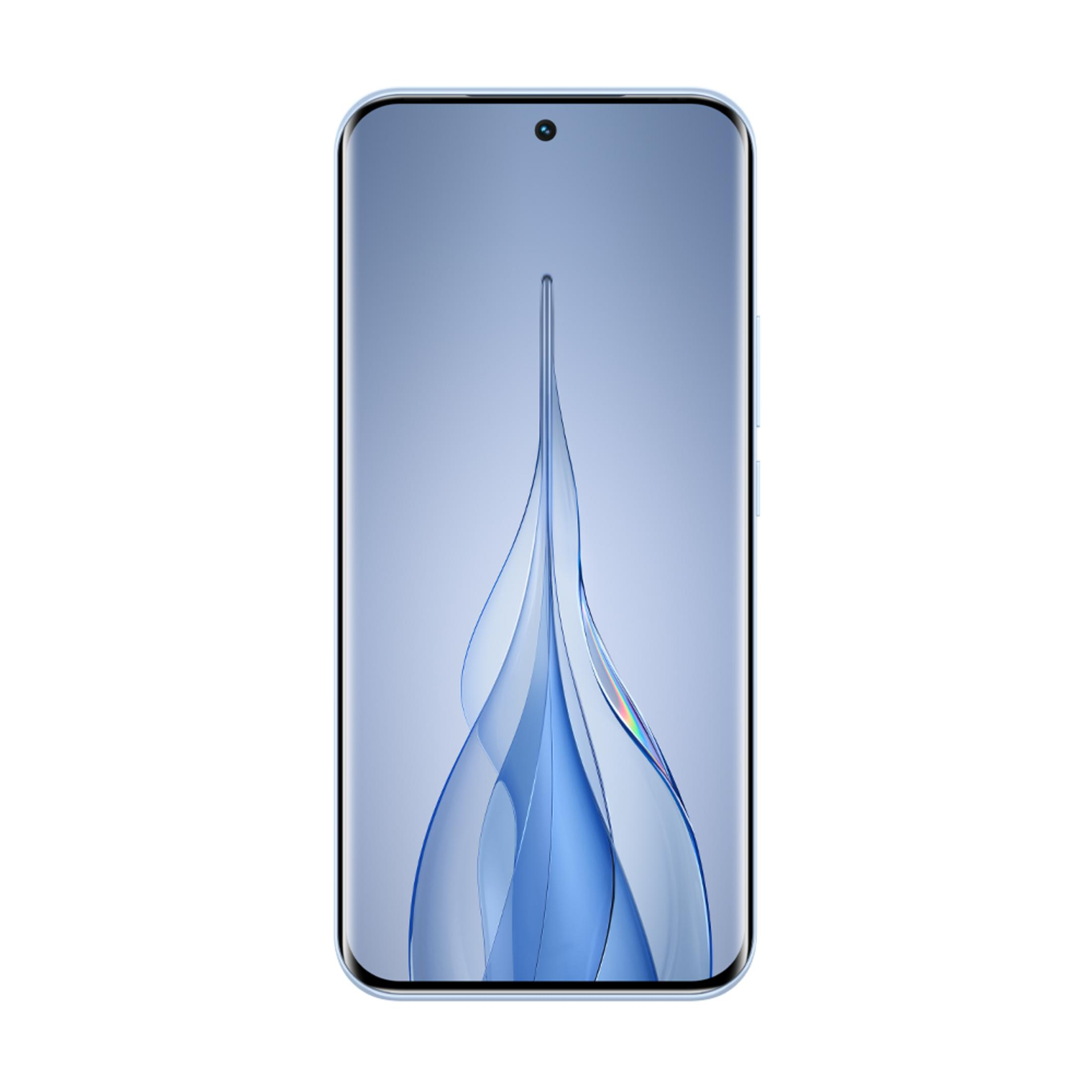 Ekranında dalgalı desen bulunan açık mavi bir akıllı telefon.