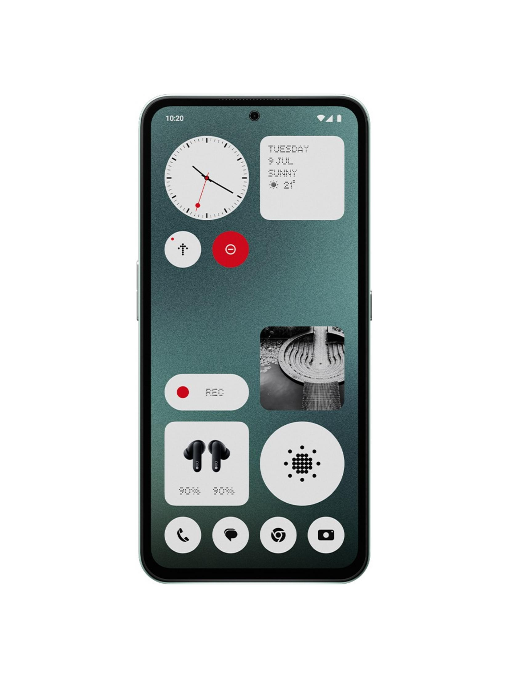 Saat, takvim, kulaklık ve uygulama simgeleri gösteren akıllı telefon ana ekranı.
