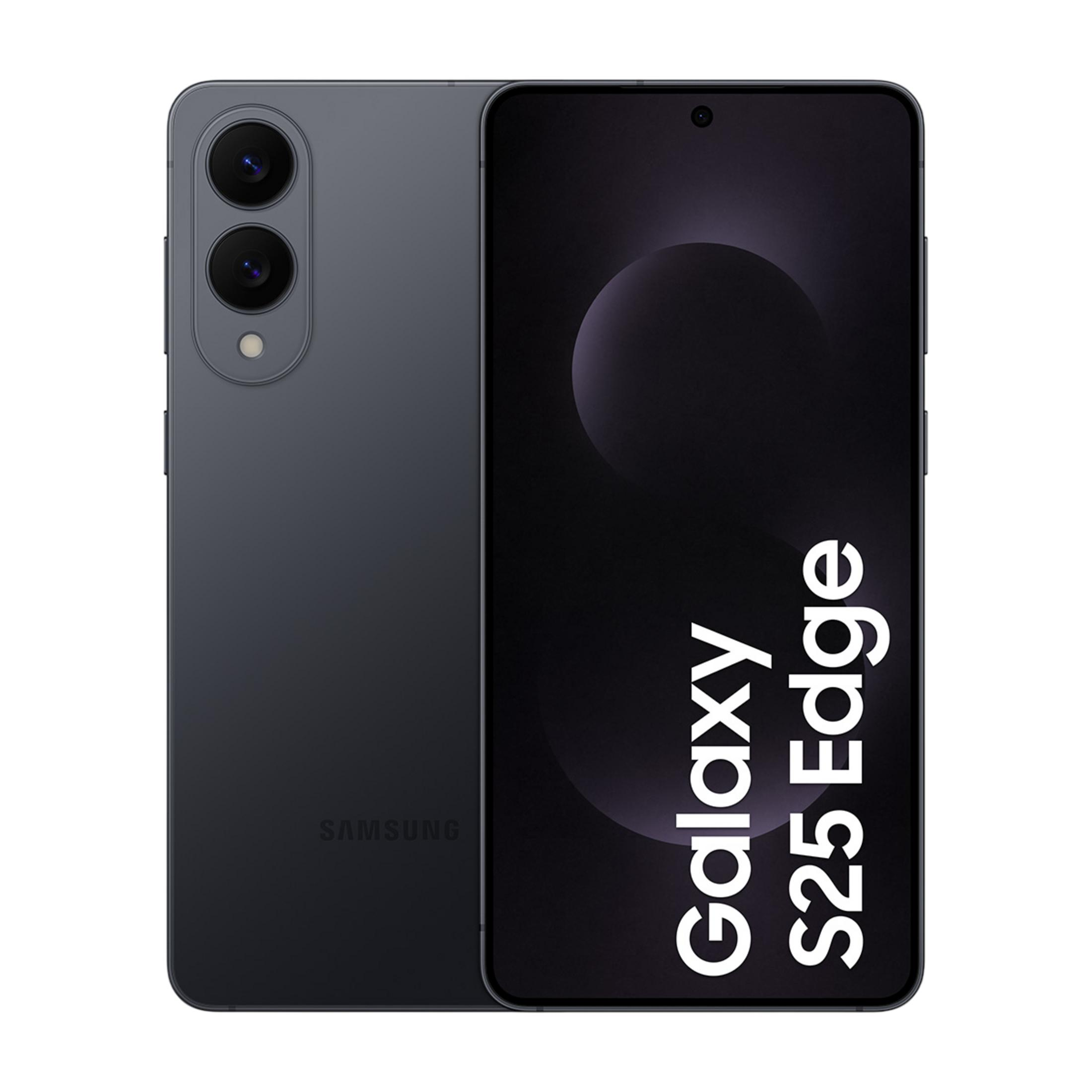 Çift kameralı koyu gri Samsung Galaxy S25 Edge telefon.