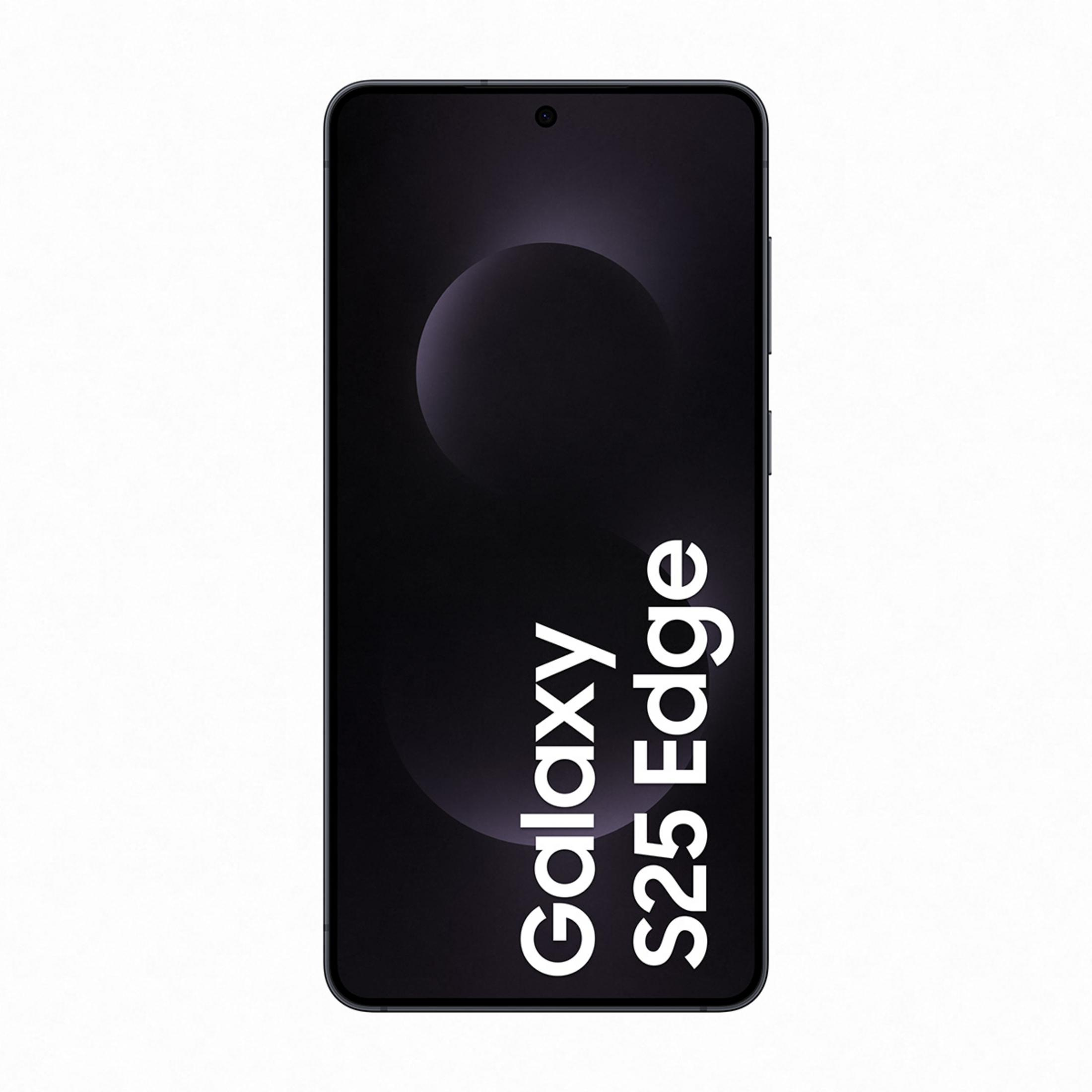 Üzerinde "Galaxy S25 Edge" yazısı olan siyah bir akıllı telefon.