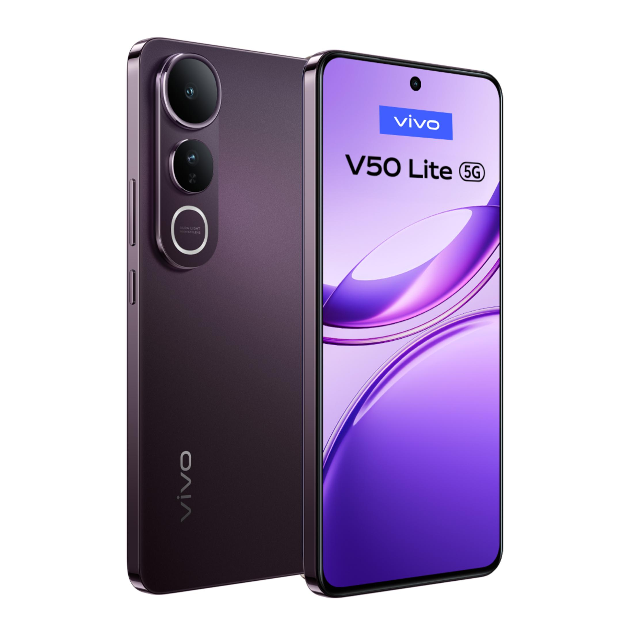 Üç kameralı, parlak ekranlı mor Vivo V50 Lite 5G akıllı telefon.