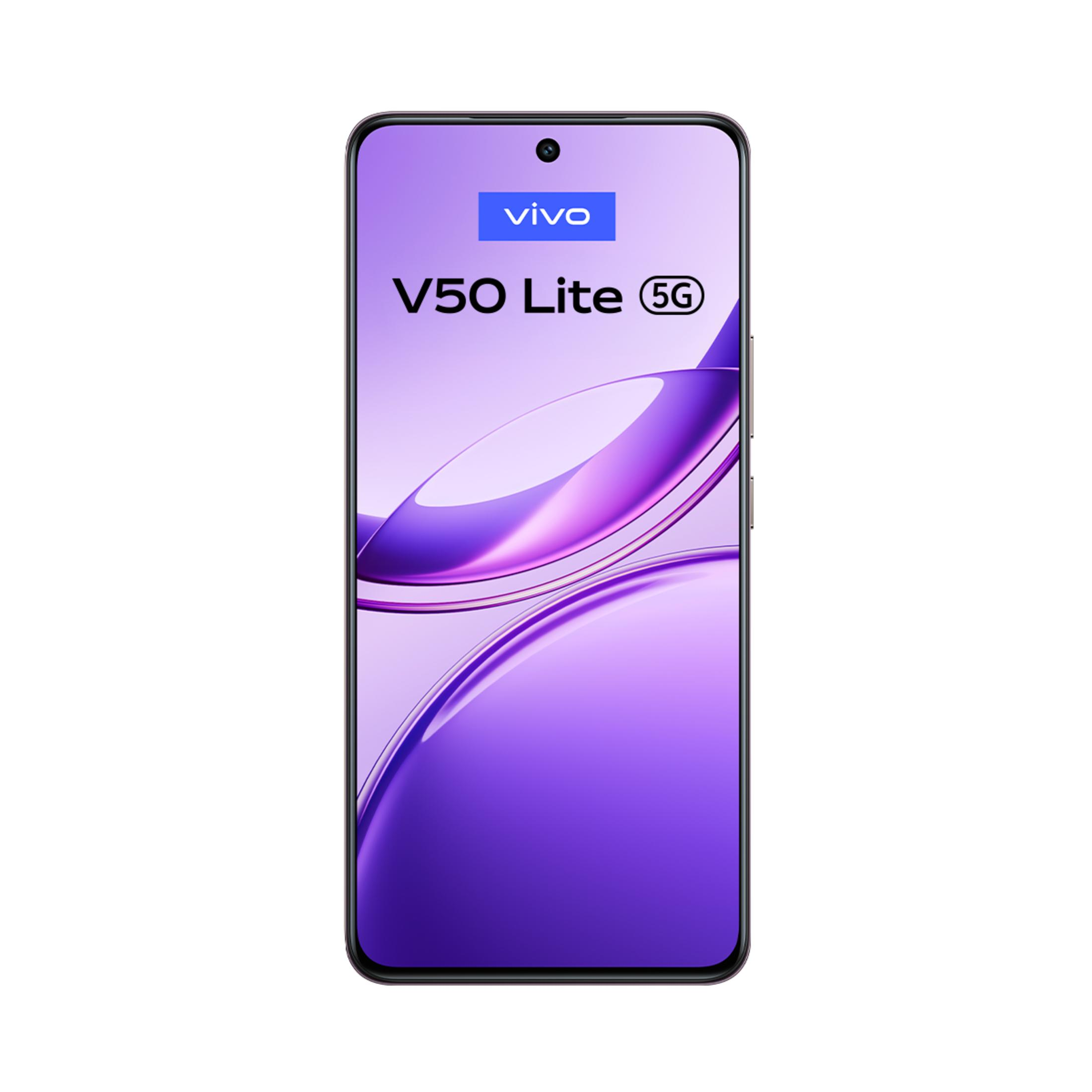 V50 Lite 5G yazılı mor arka planlı gümüş akıllı telefon.