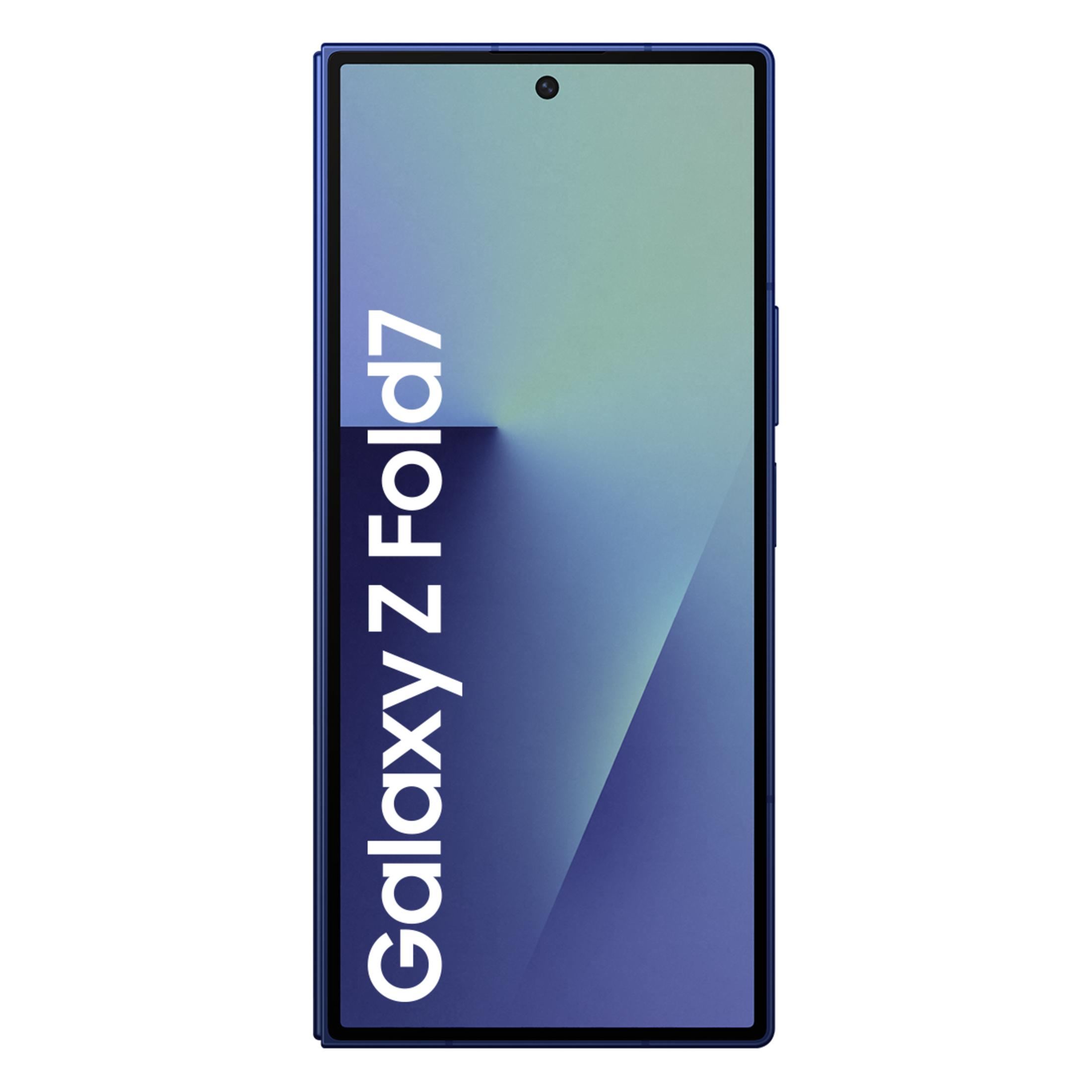 Beyaz arka planda mavi Samsung Galaxy Z Fold 7 akıllı telefon.
