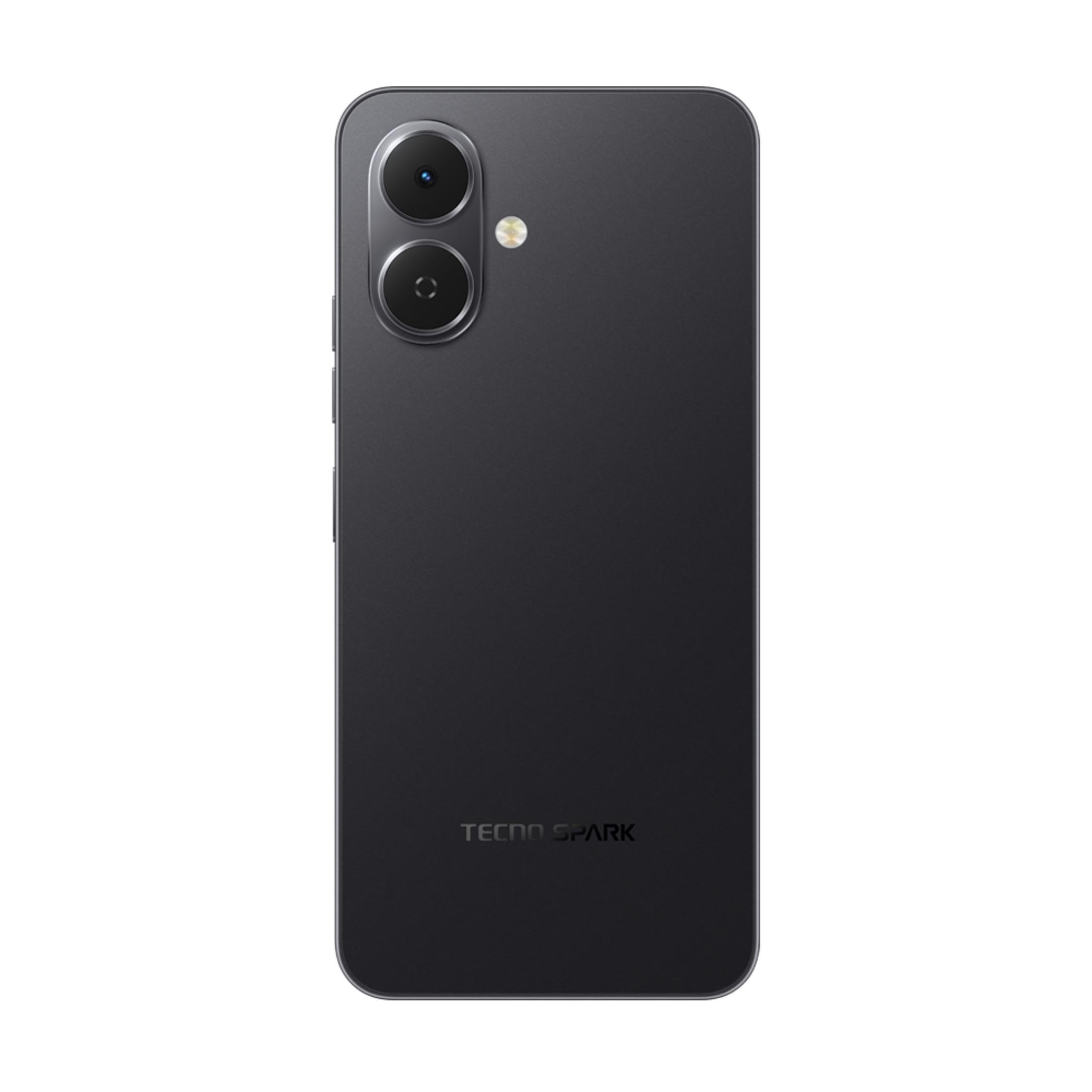 İki kamera ve flaşlı siyah Tecno Spark akıllı telefonun arkası.