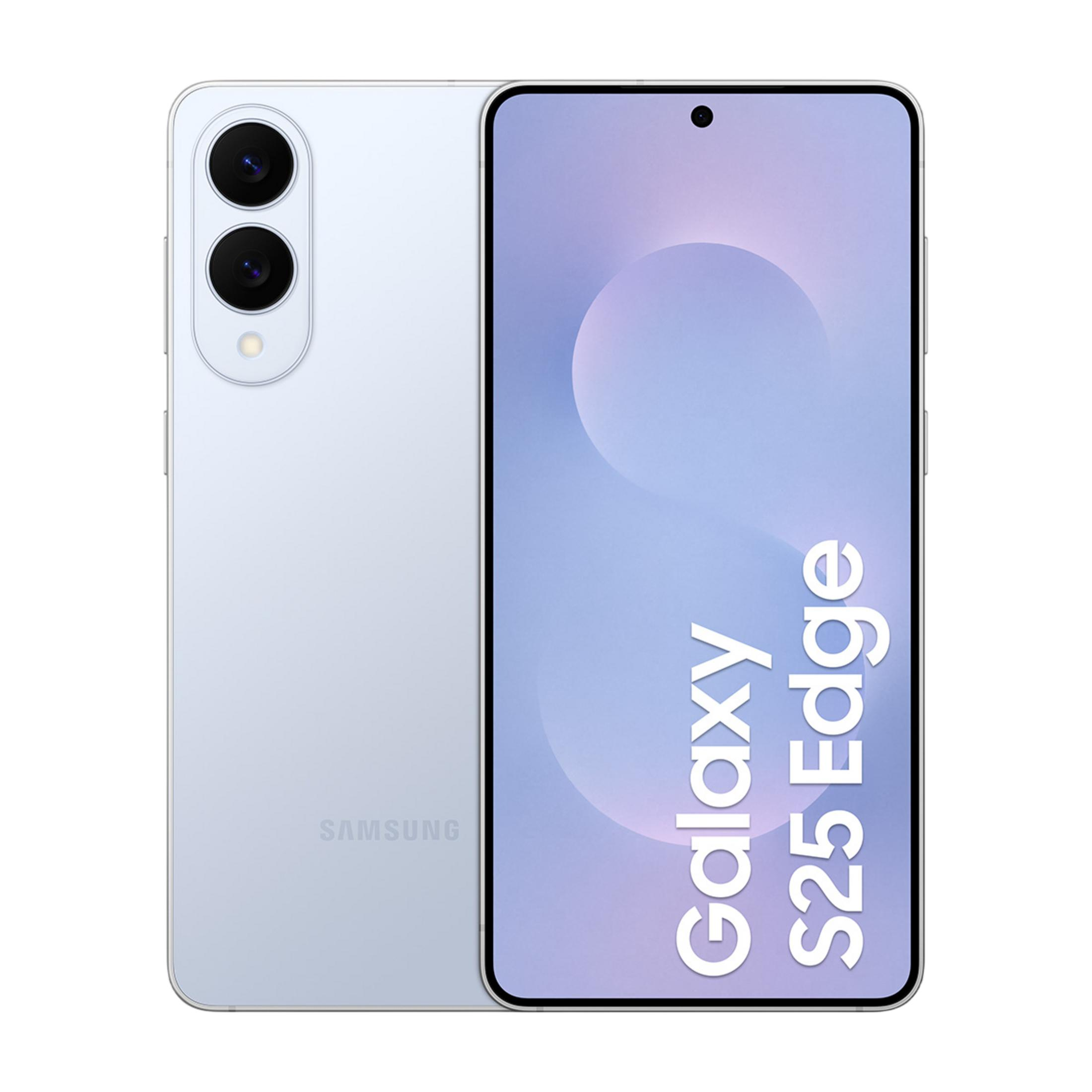 Arkada iki kamerası olan açık mavi Samsung Galaxy S25 Edge akıllı telefon.