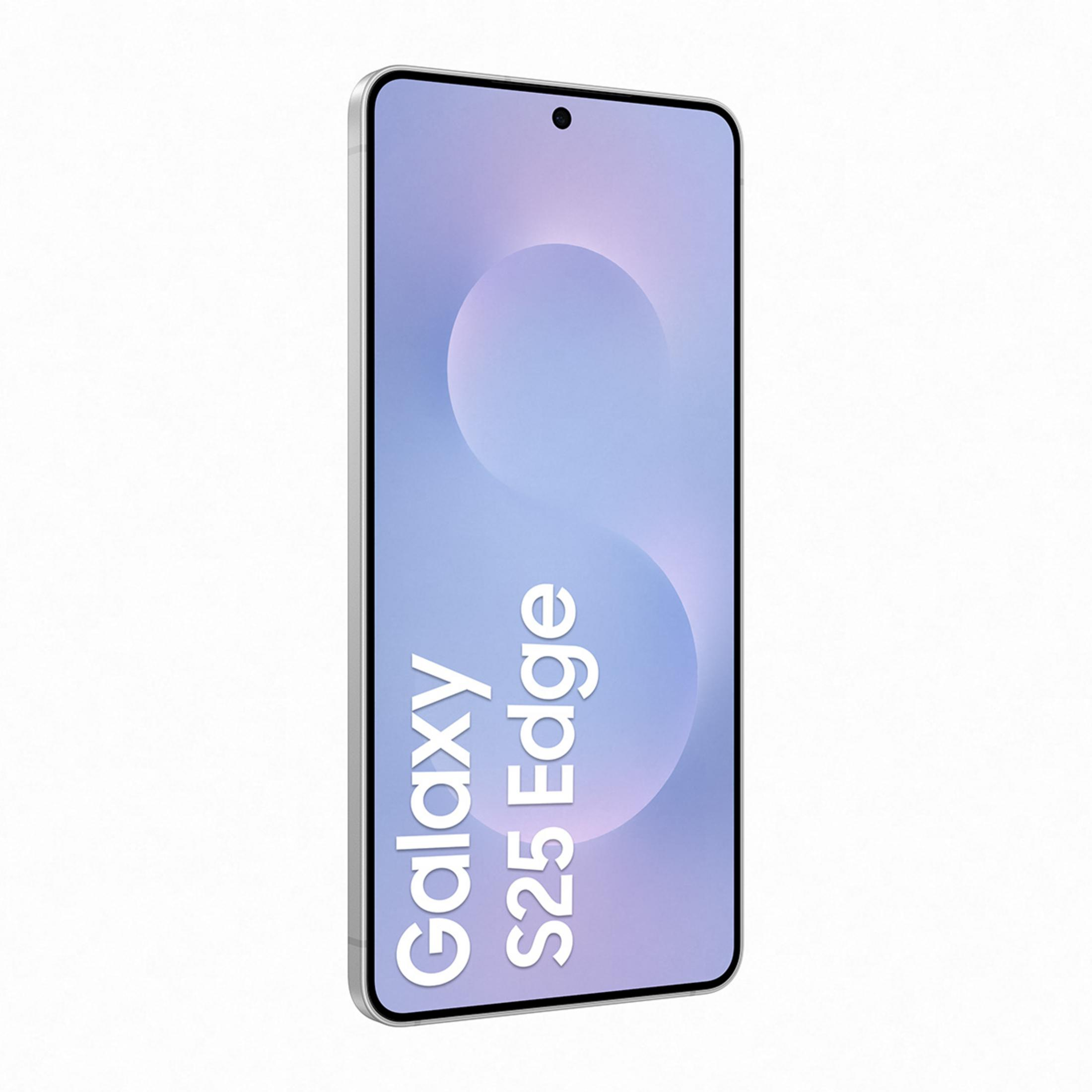Ekranında 'Galaxy S25 Edge' yazısı olan gümüş rengi bir akıllı telefon.