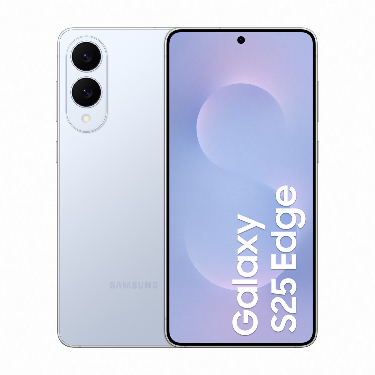 Arkada iki kamerası olan açık mavi Samsung Galaxy S25 Edge akıllı telefon.