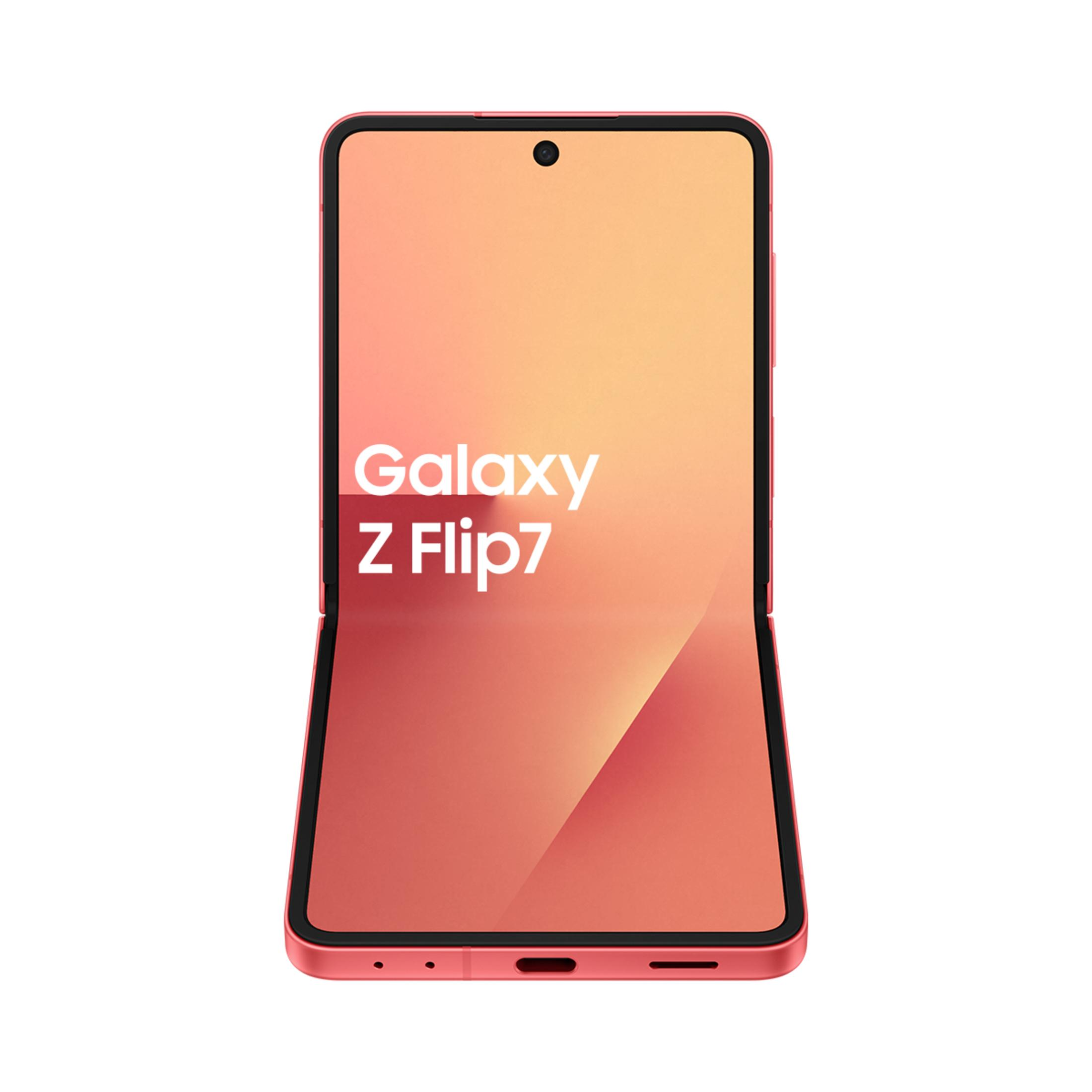 Açık, mercan renkli Samsung Galaxy Z Flip7 akıllı telefon beyaz arka planda.