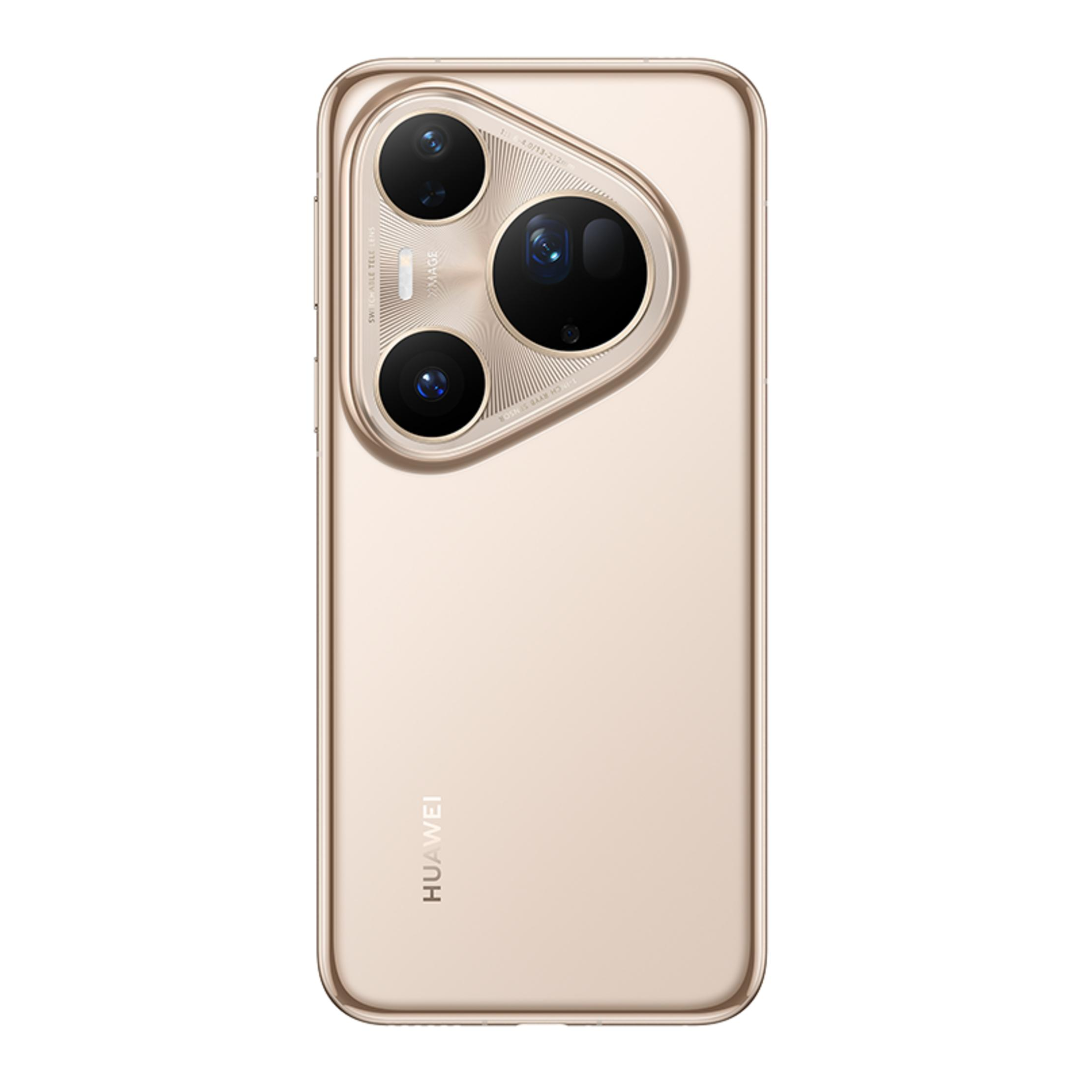 Goldenes Smartphone mit kreisförmigem Kameramodul und Huawei-Logo.