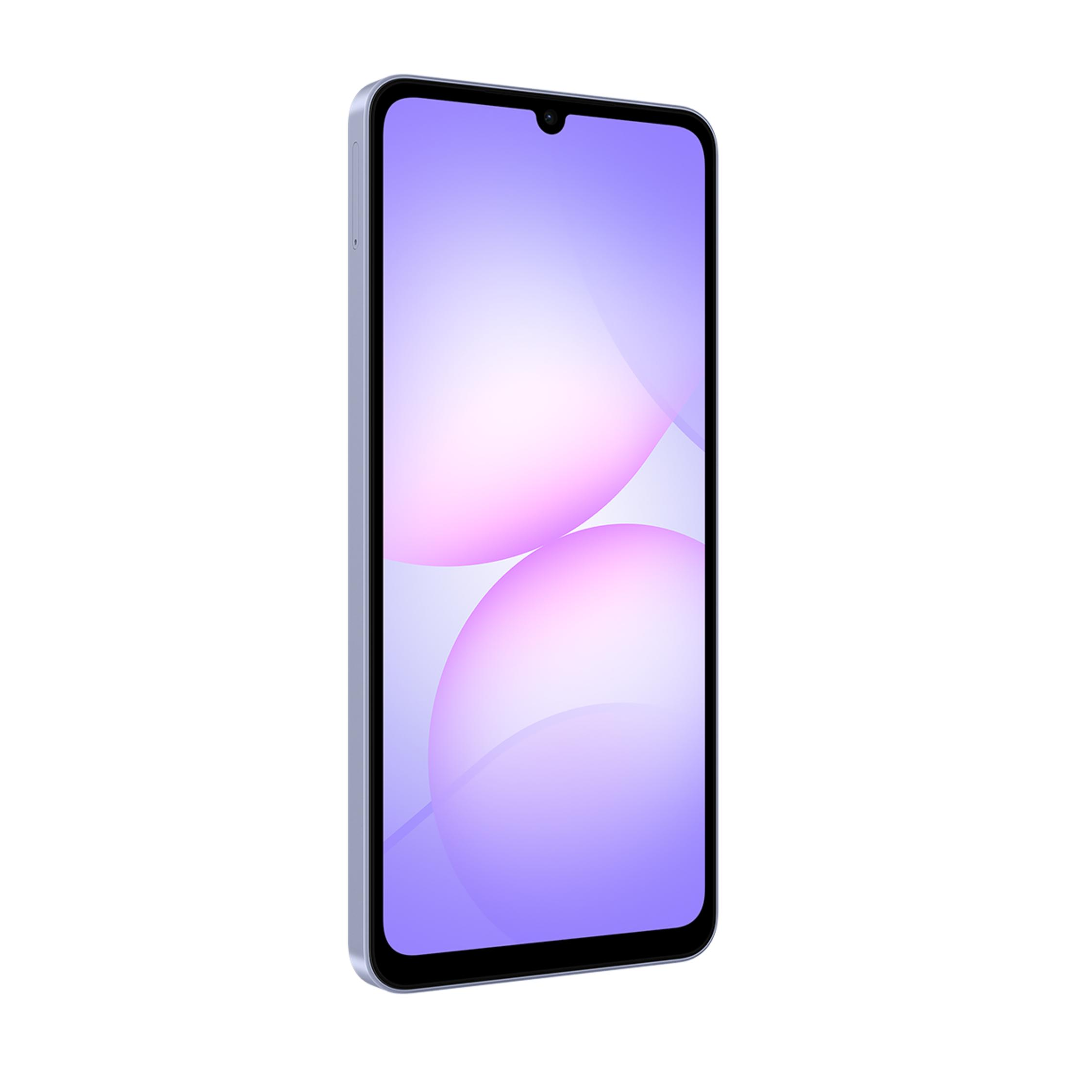 Ekranında mor soyut arka plan gösteren açık mavi bir akıllı telefon.