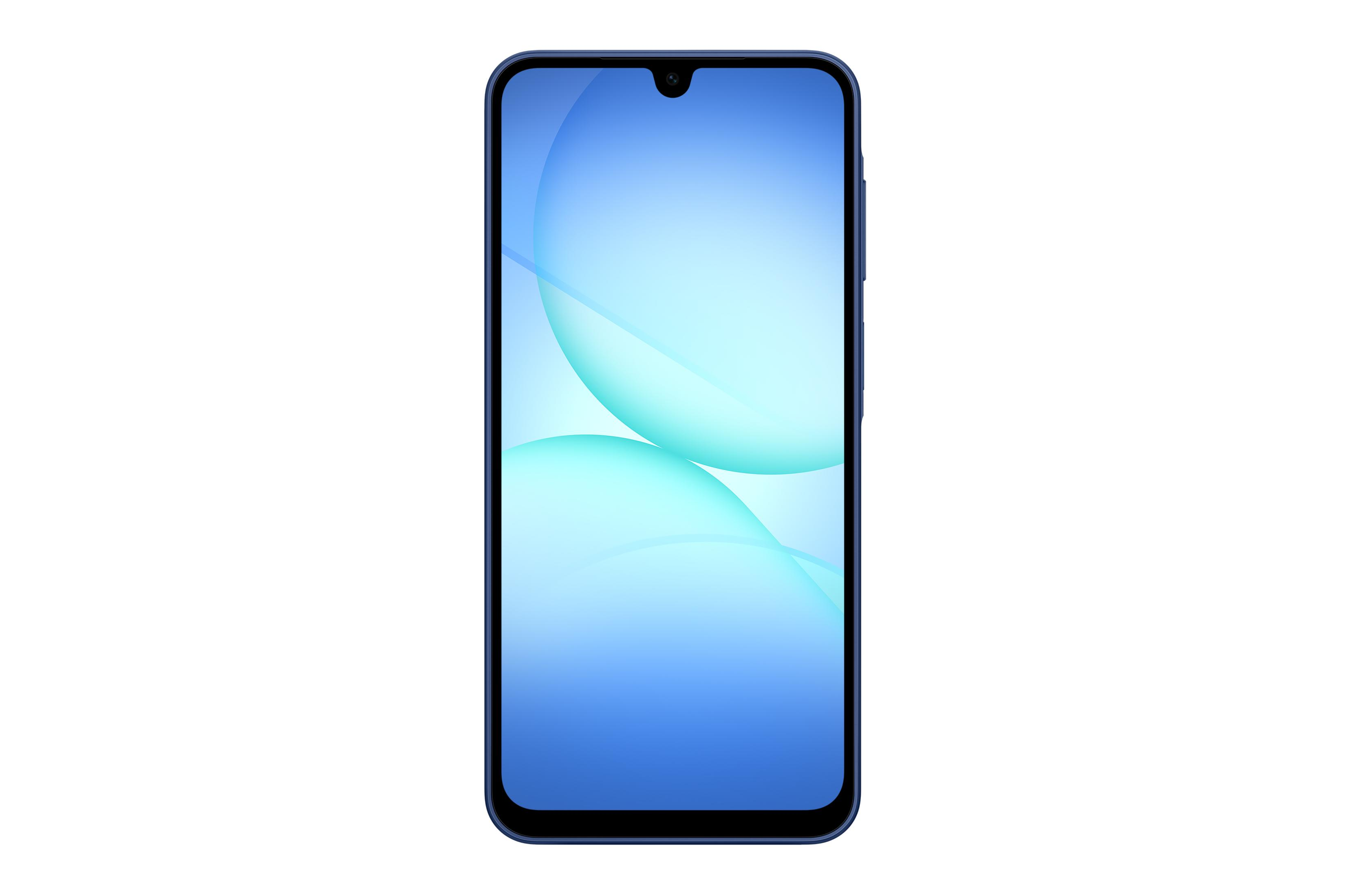 Uno smartphone blu scuro con notch a goccia e sfondo blu-verde.