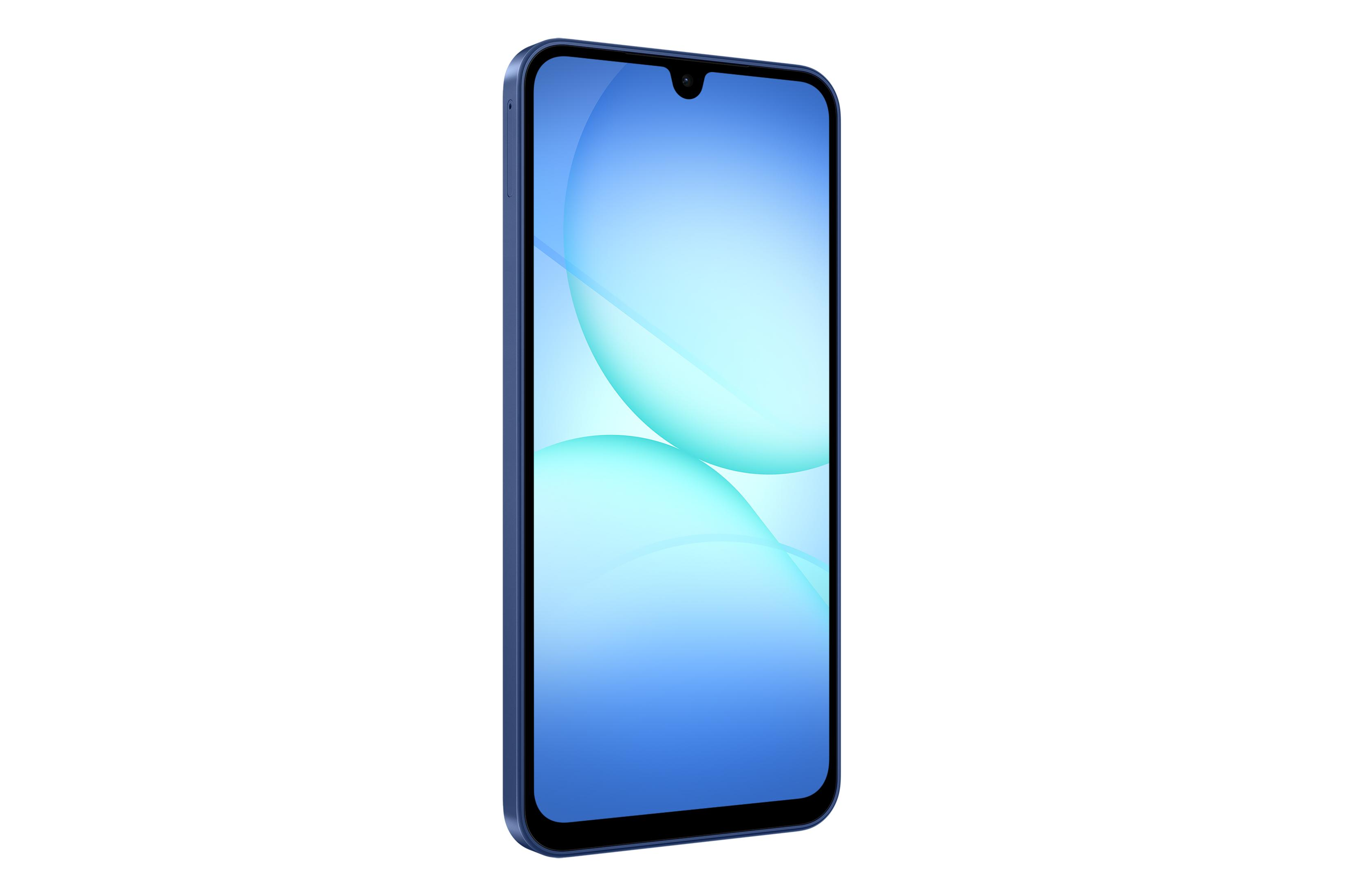 Uno smartphone blu con notch a goccia e sfondo blu.