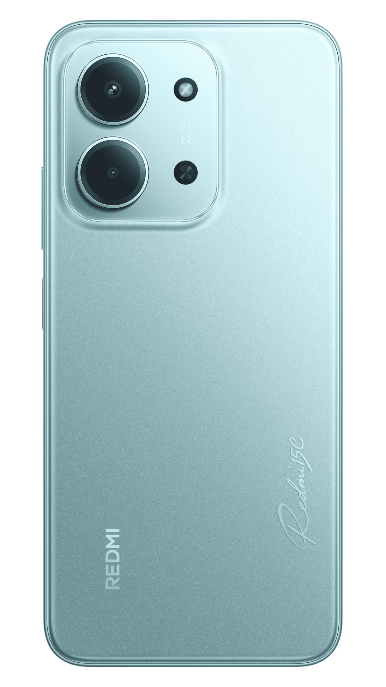 Çift kameralı, turkuaz renkte Redmi logolu akıllı telefonun arkası.