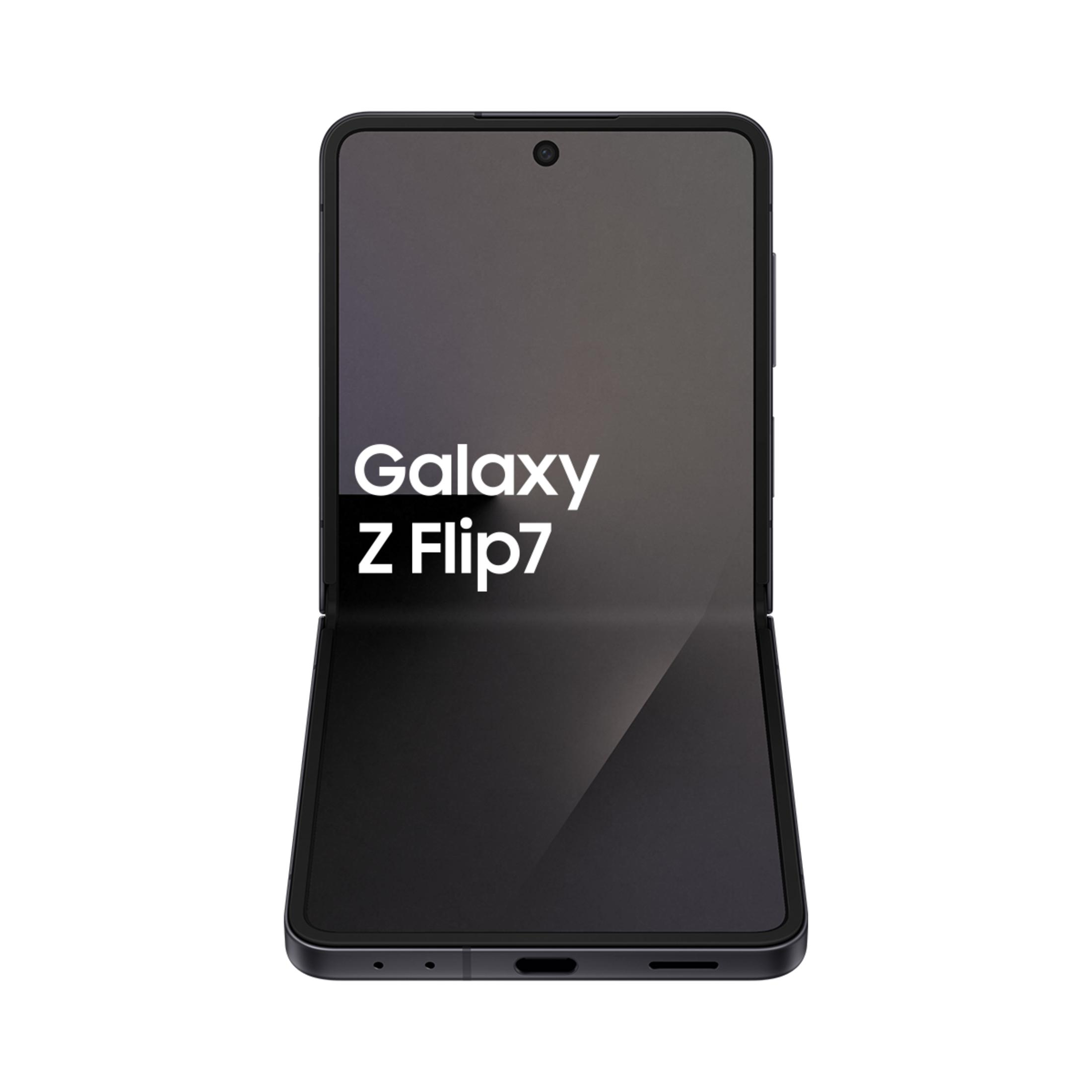 Siyah bir Samsung Galaxy Z Flip7 akıllı telefon, katlanmamış ve önden gösteriliyor.