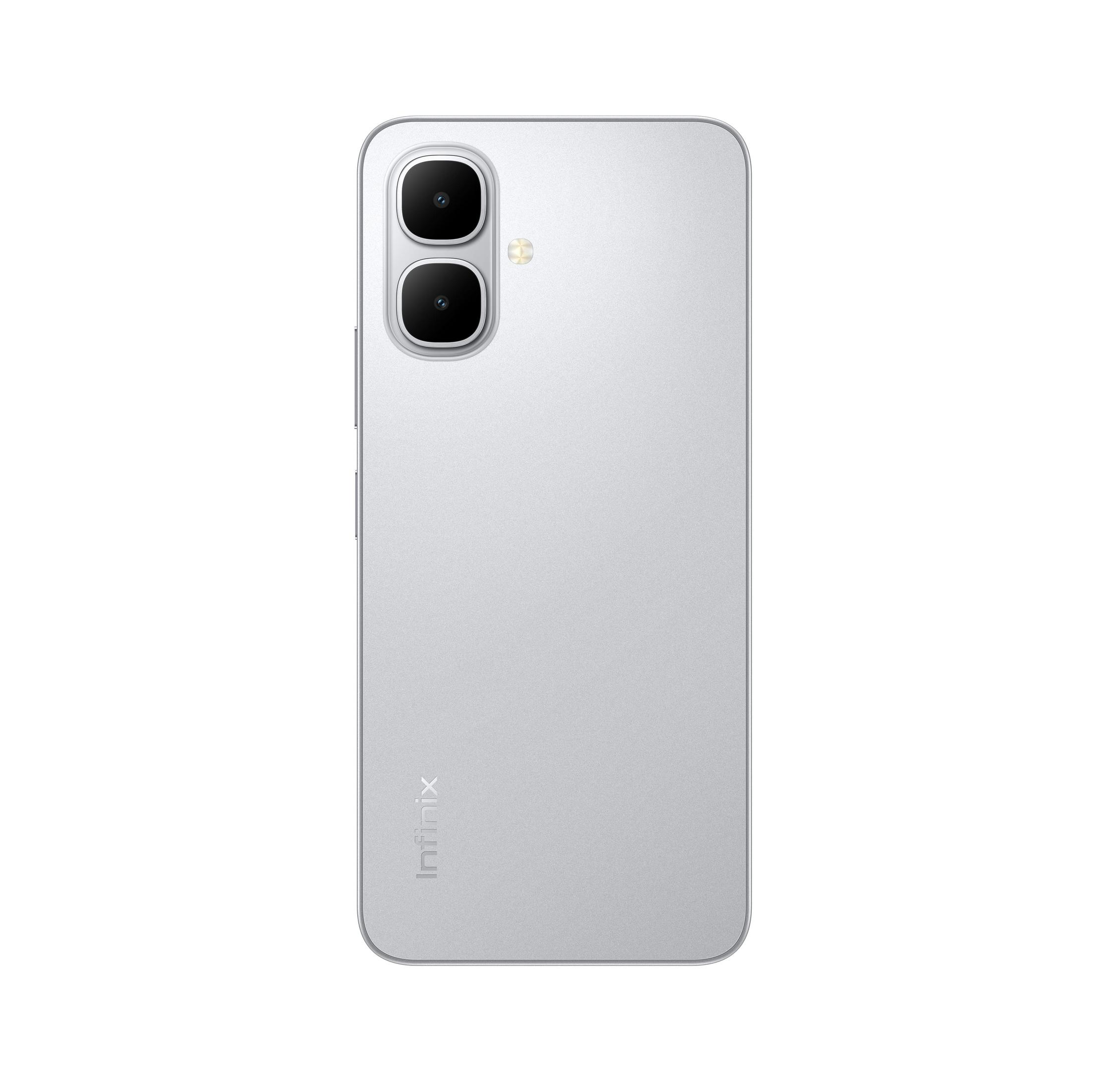 İki kamera lensi ve Infinix logosu bulunan gümüş renkli bir akıllı telefonun arkası.