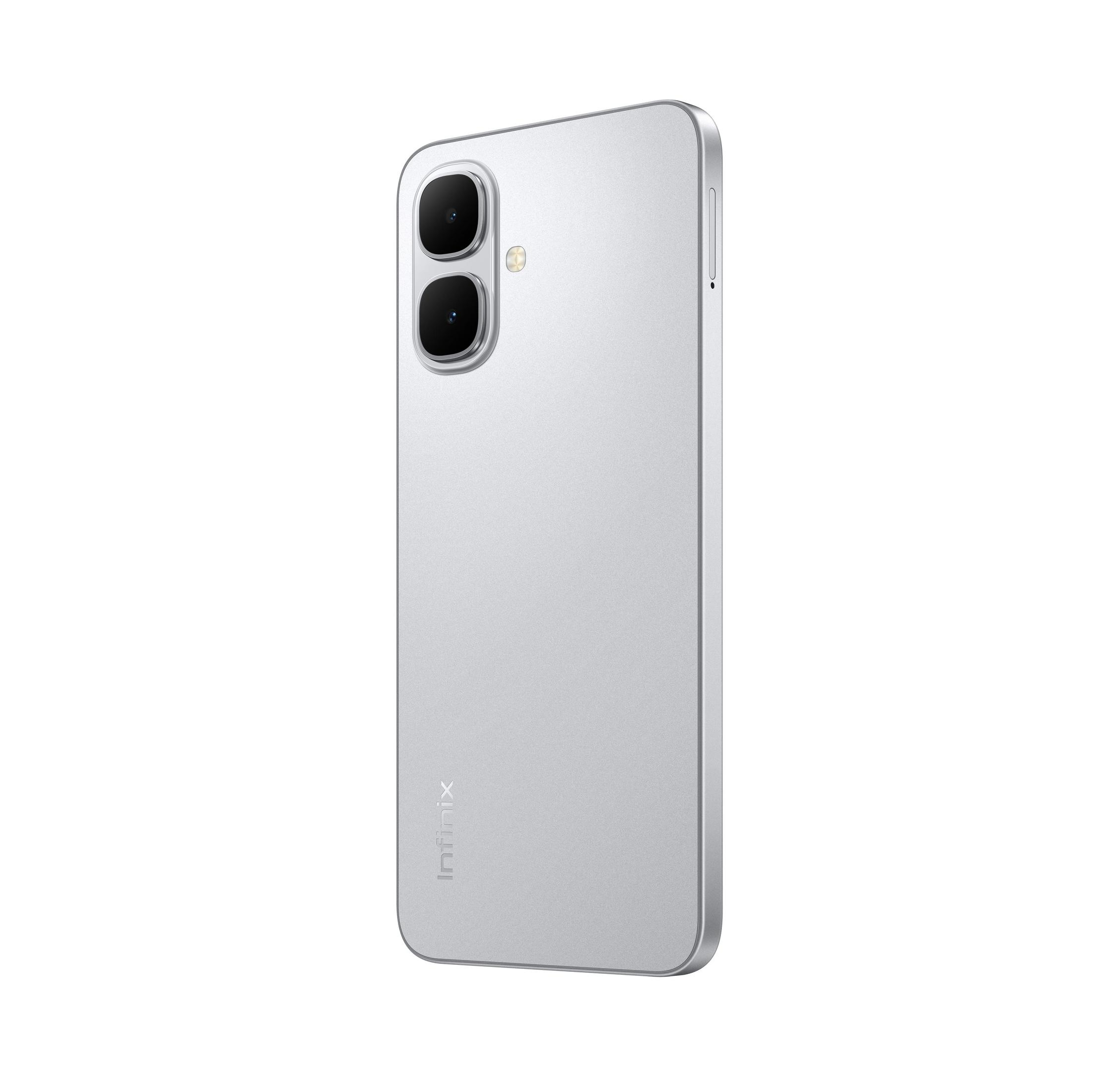 İki kamera lensi ve Infinix logosu bulunan gümüş renkli akıllı telefonun arkası.
