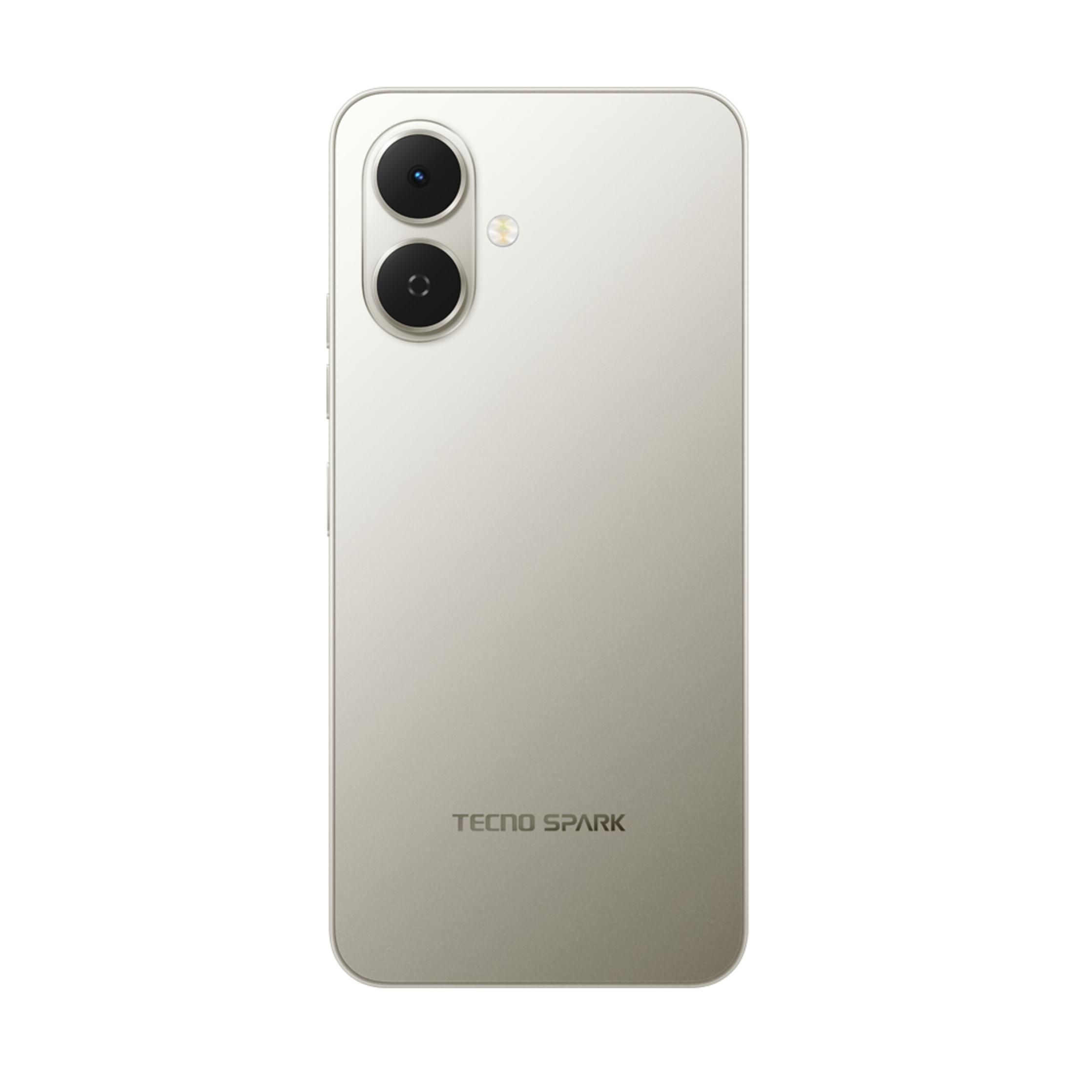 Çift kameralı ve flaşlı açık bej Tecno Spark akıllı telefonun arkası.