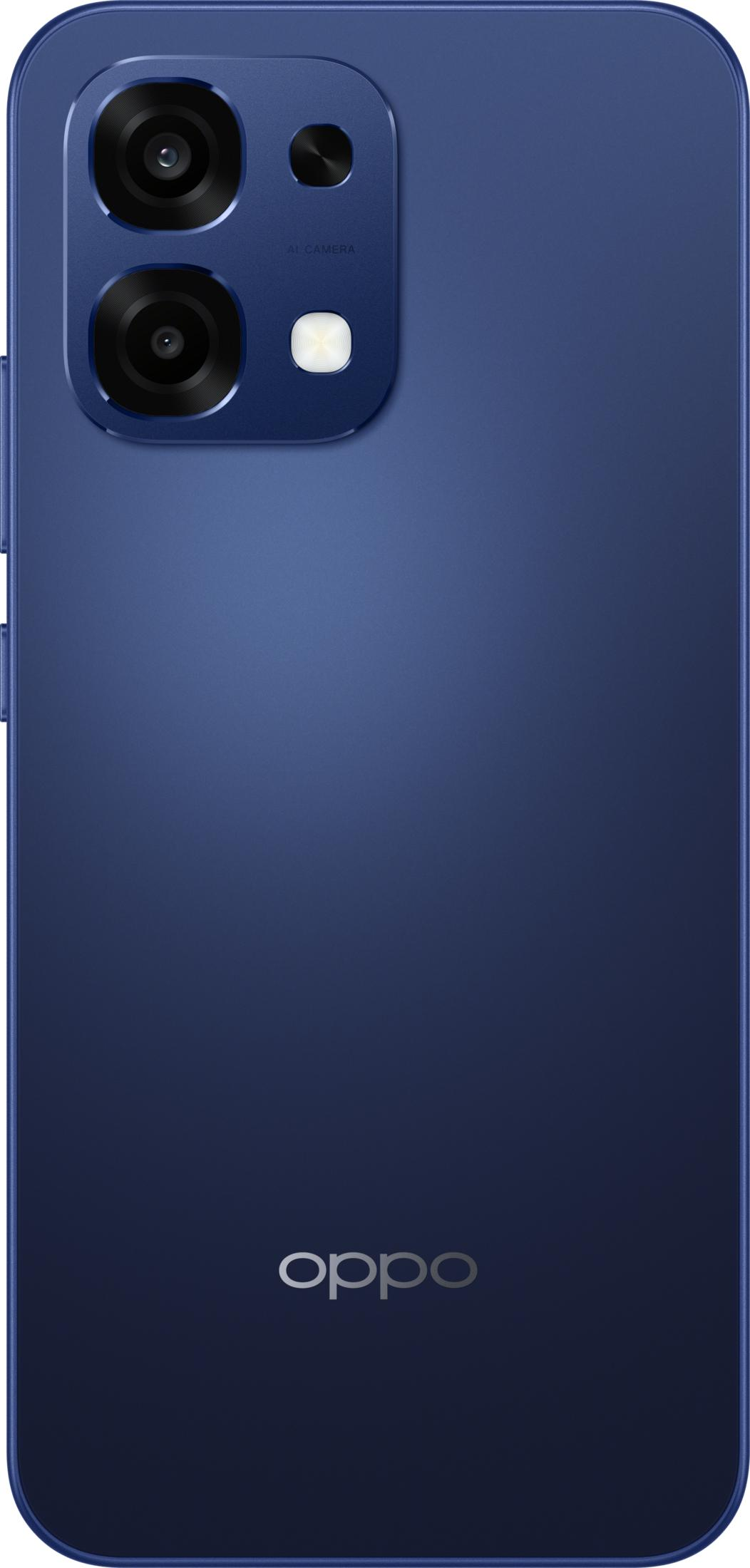 Üçlü kamera kurulumu ve OPPO logosuna sahip lacivert bir akıllı telefonun arkası.