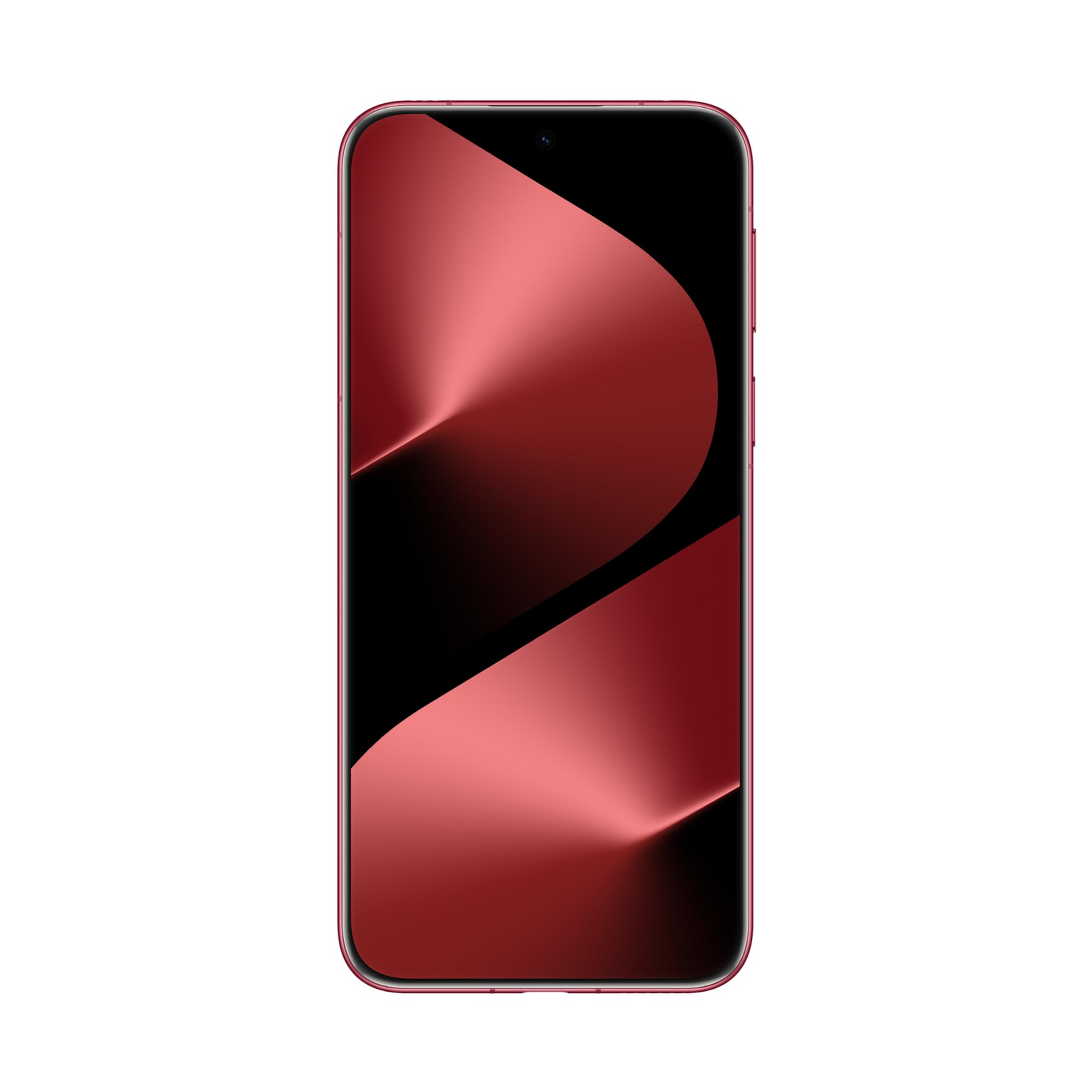 Ein rotes Smartphone mit einem abstrakten Hintergrund auf dem Bildschirm.