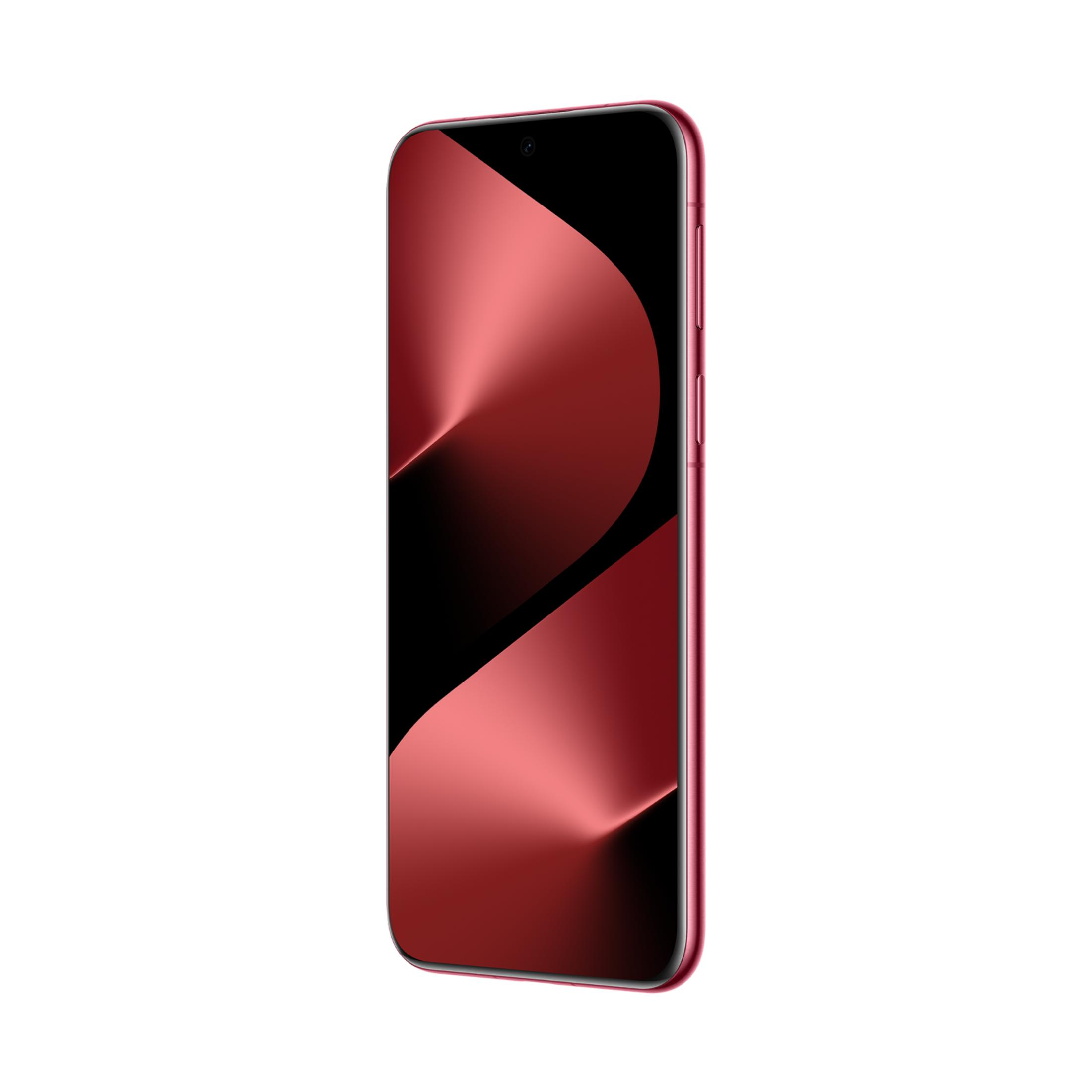 Ein rotes Smartphone mit einem abstrakten Hintergrund auf dem Bildschirm.