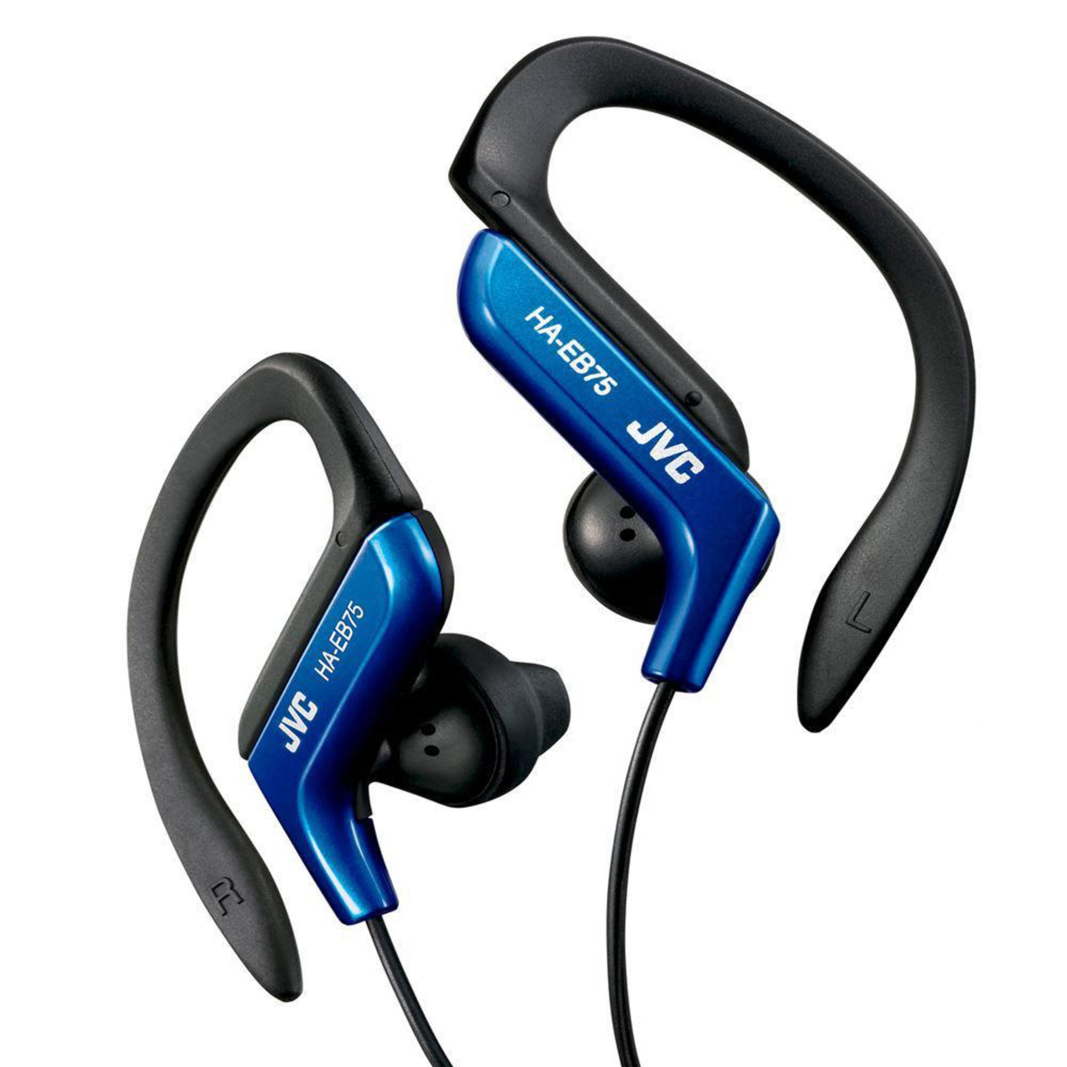 Auricolari JVC blu con ganci neri e cavo.