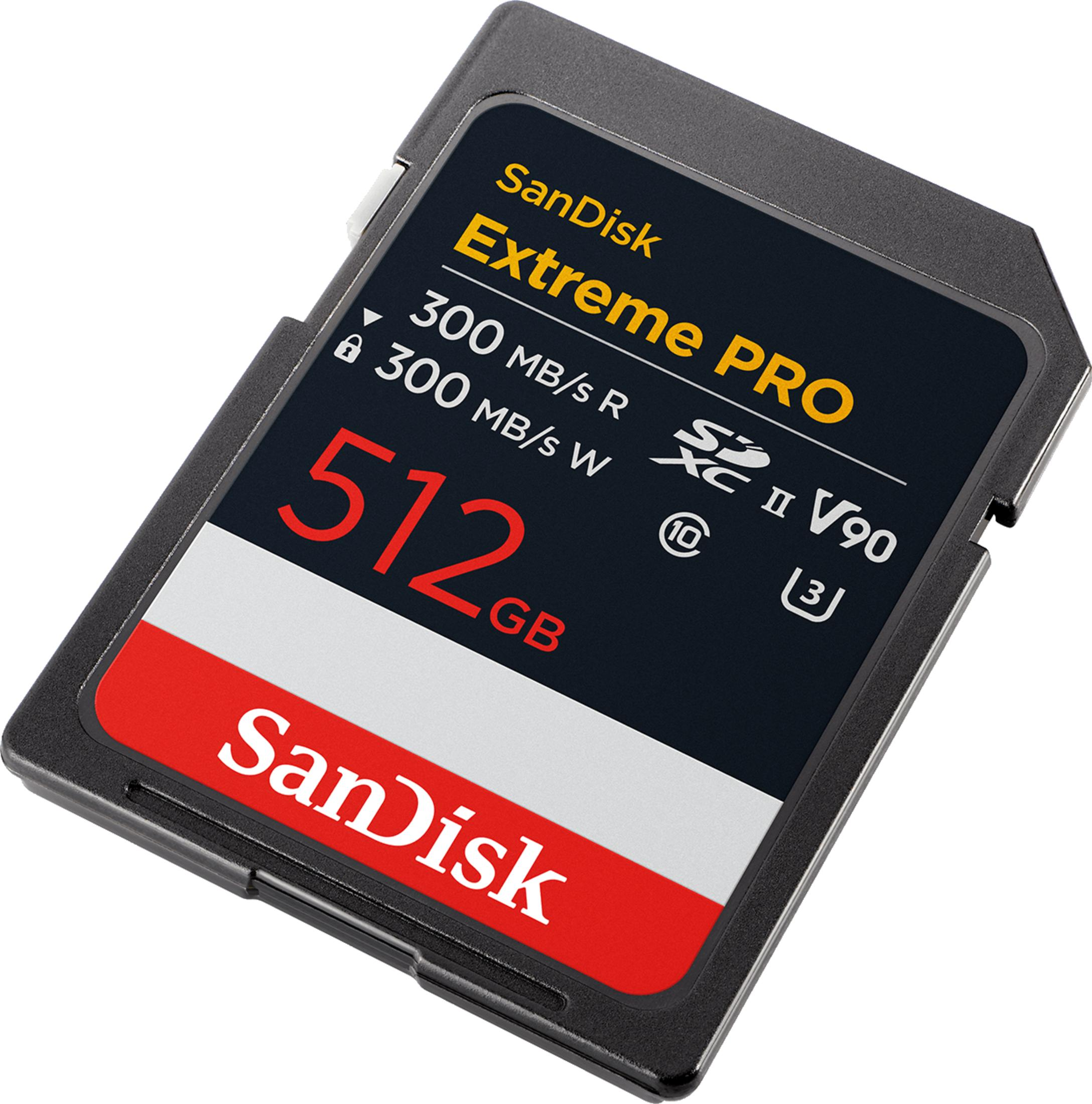 Kırmızı ve beyaz işaretli SanDisk Extreme PRO 512GB SD kart.