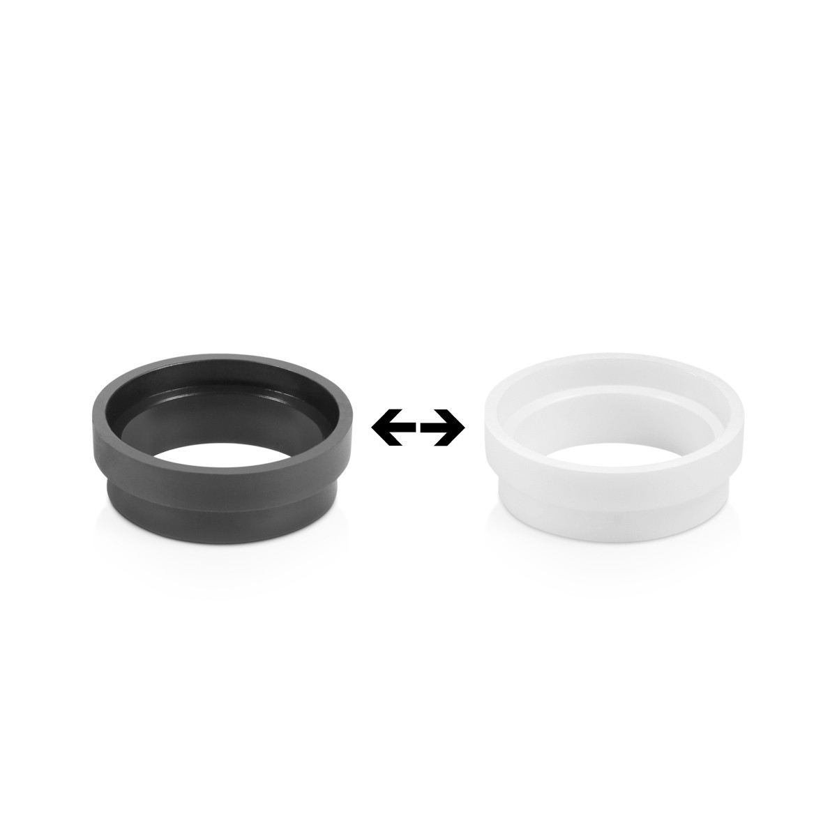 Ein schwarzer und ein weißer Ring nebeneinander, mit Pfeilen dazwischen.