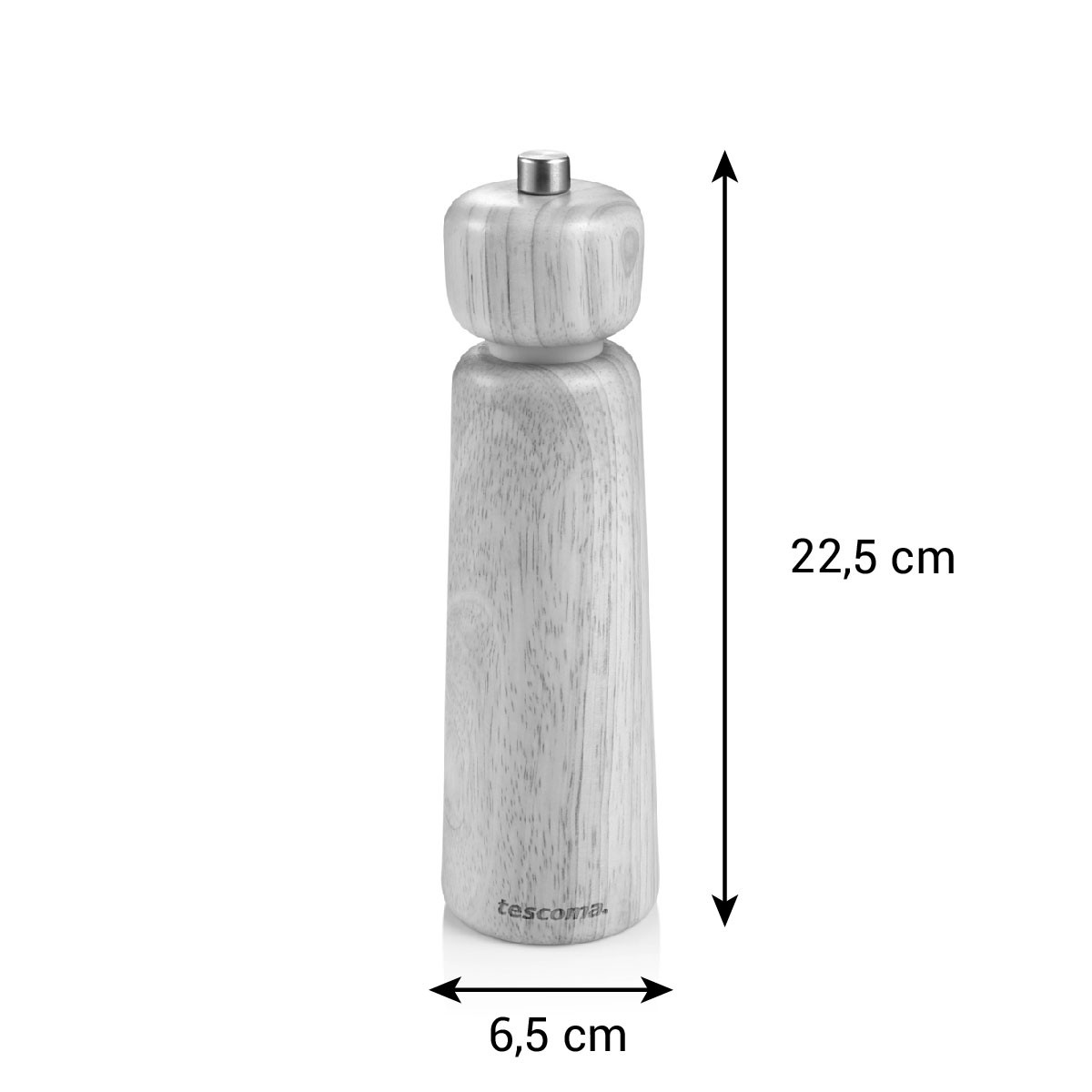 Eine hölzerne Pfeffermühle mit Metallspitze, 22,5 cm hoch.