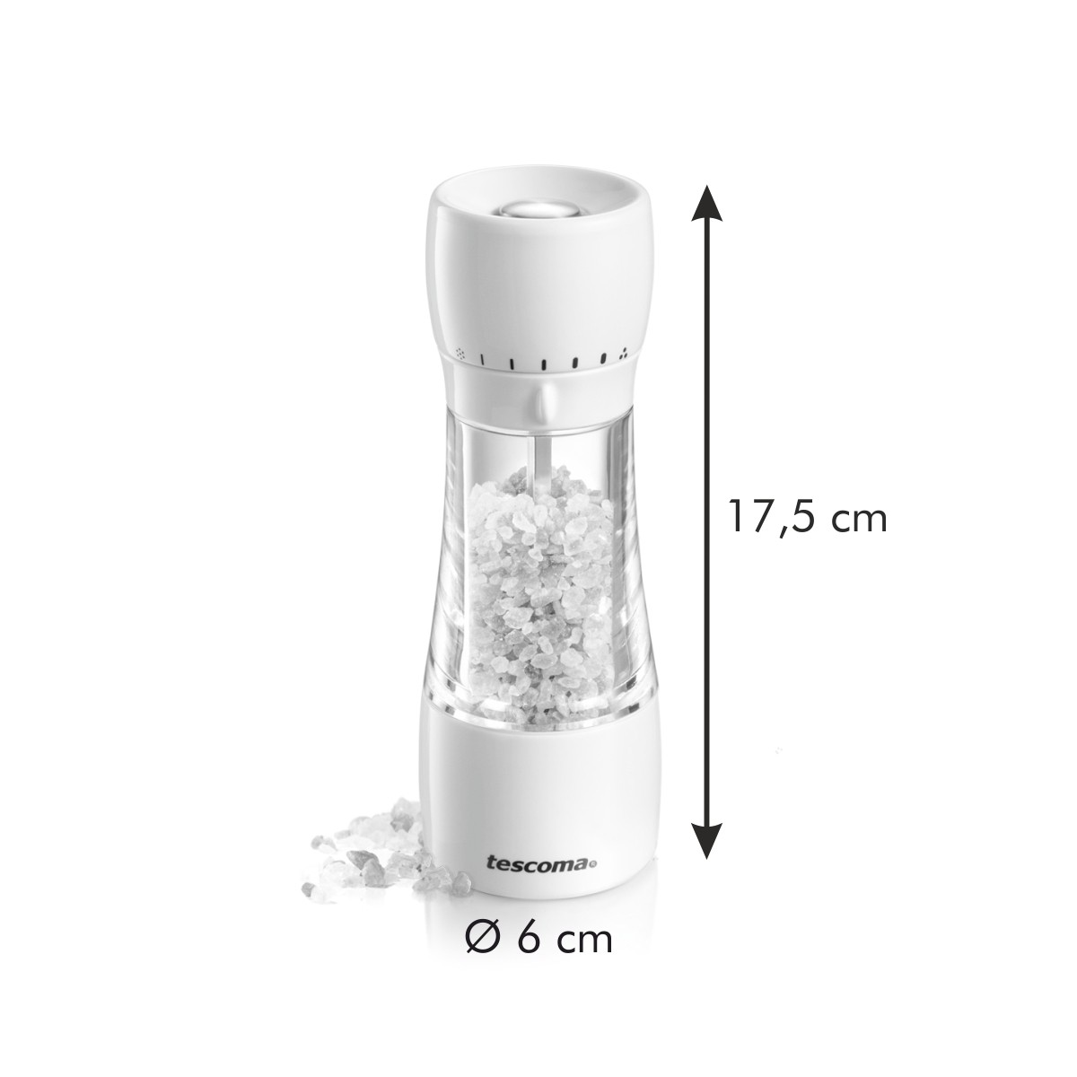 Eine weiße Salzmühle mit transparentem Behälter, gefüllt mit grobem Salz.