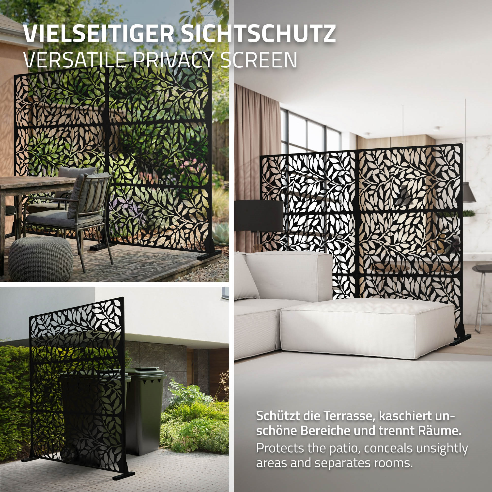 Vielseitige Sichtschutzpaneele mit Blattmuster, außen und innen.