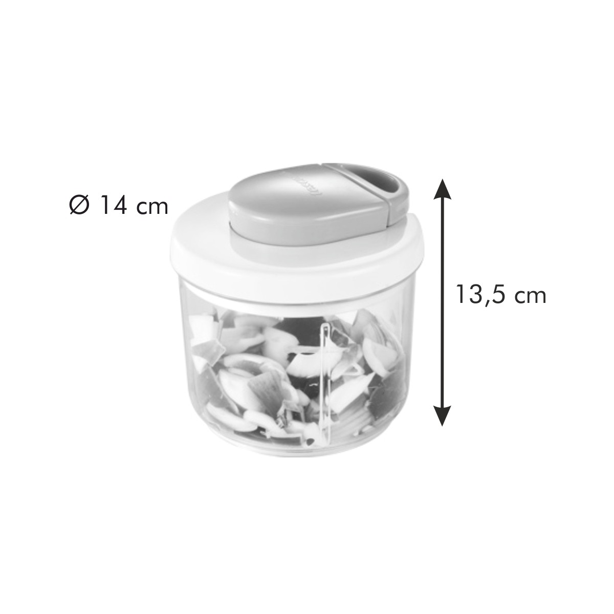 Tritatutto da cucina diametro 14cm, altezza 13.5cm, riempito con verdure tritate.