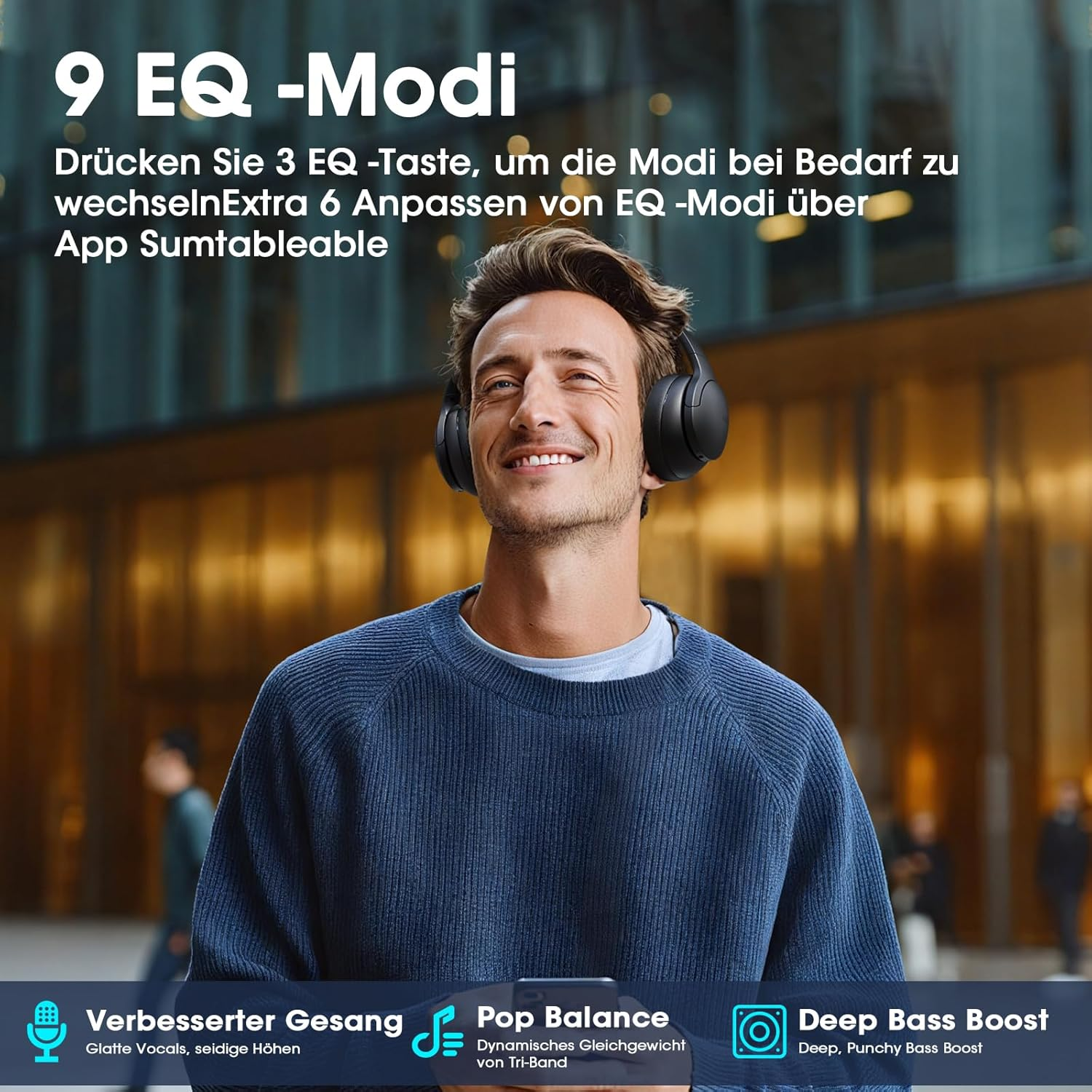 Mężczyzna w słuchawkach uśmiecha się, z tekstem o trybach EQ i ustawieniach audio.