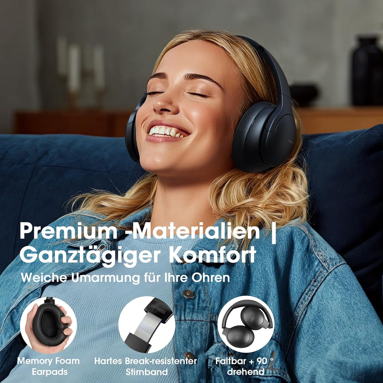 Kobieta w słuchawkach na kanapie, cieszy się komfortem. Szczegóły poduszek i pałąka.