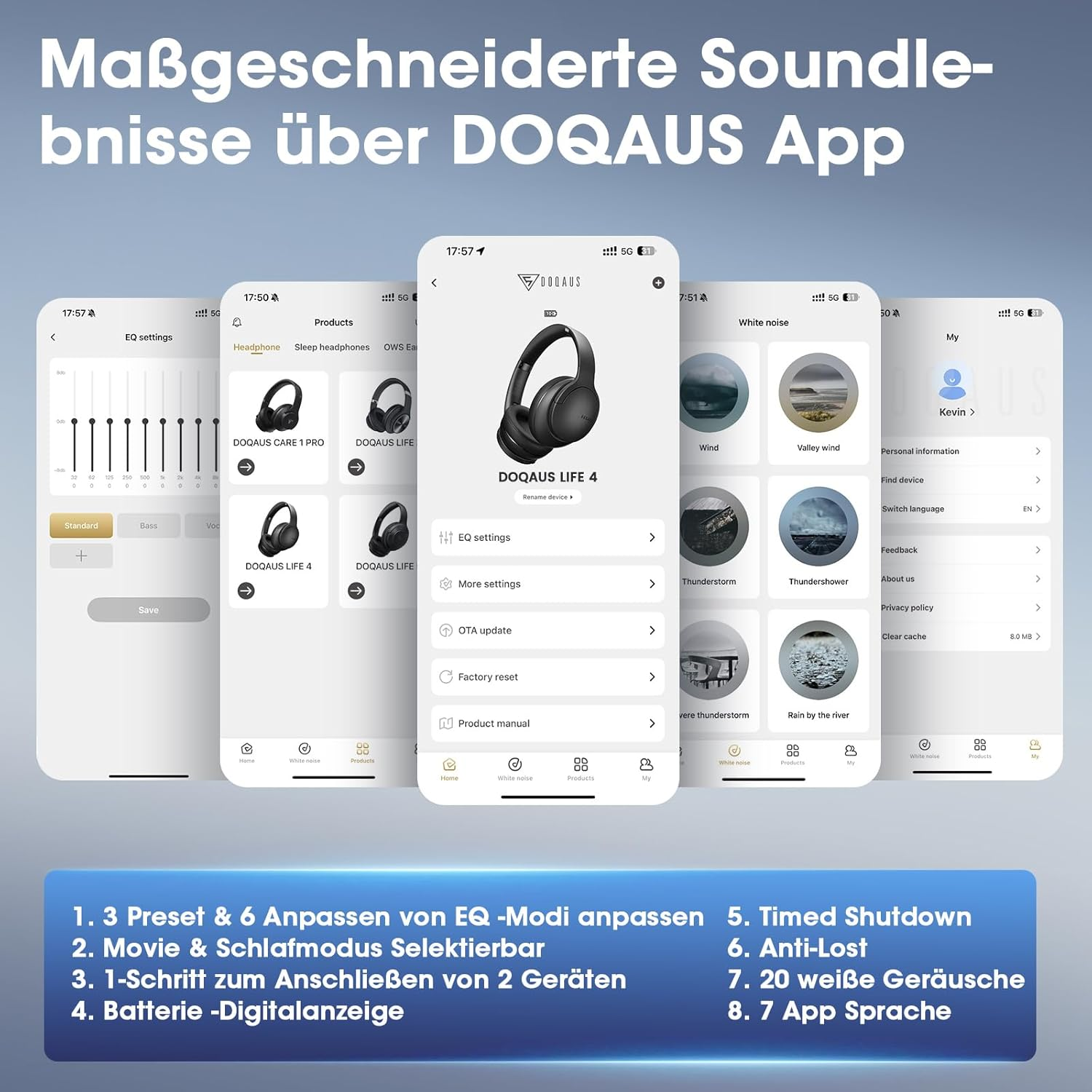 Ekrany aplikacji DOQAUS: Korektor, produkty, biały szum i sekcja Moje.