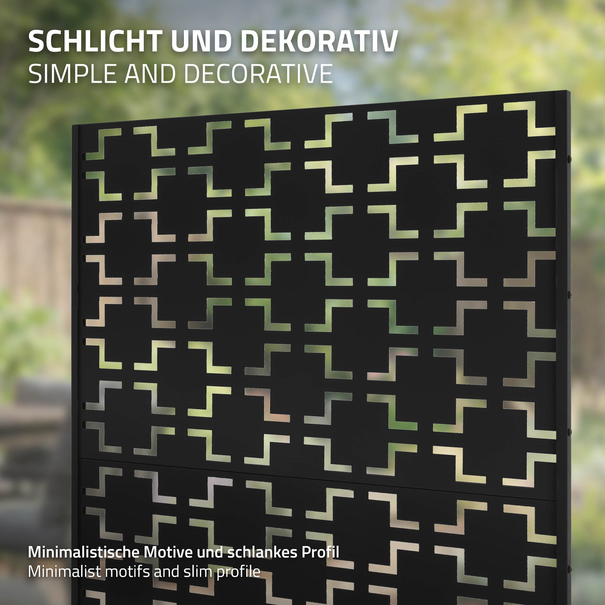 Schwarzer Sichtschutz mit geometrischem Muster. Grün im Hintergrund.