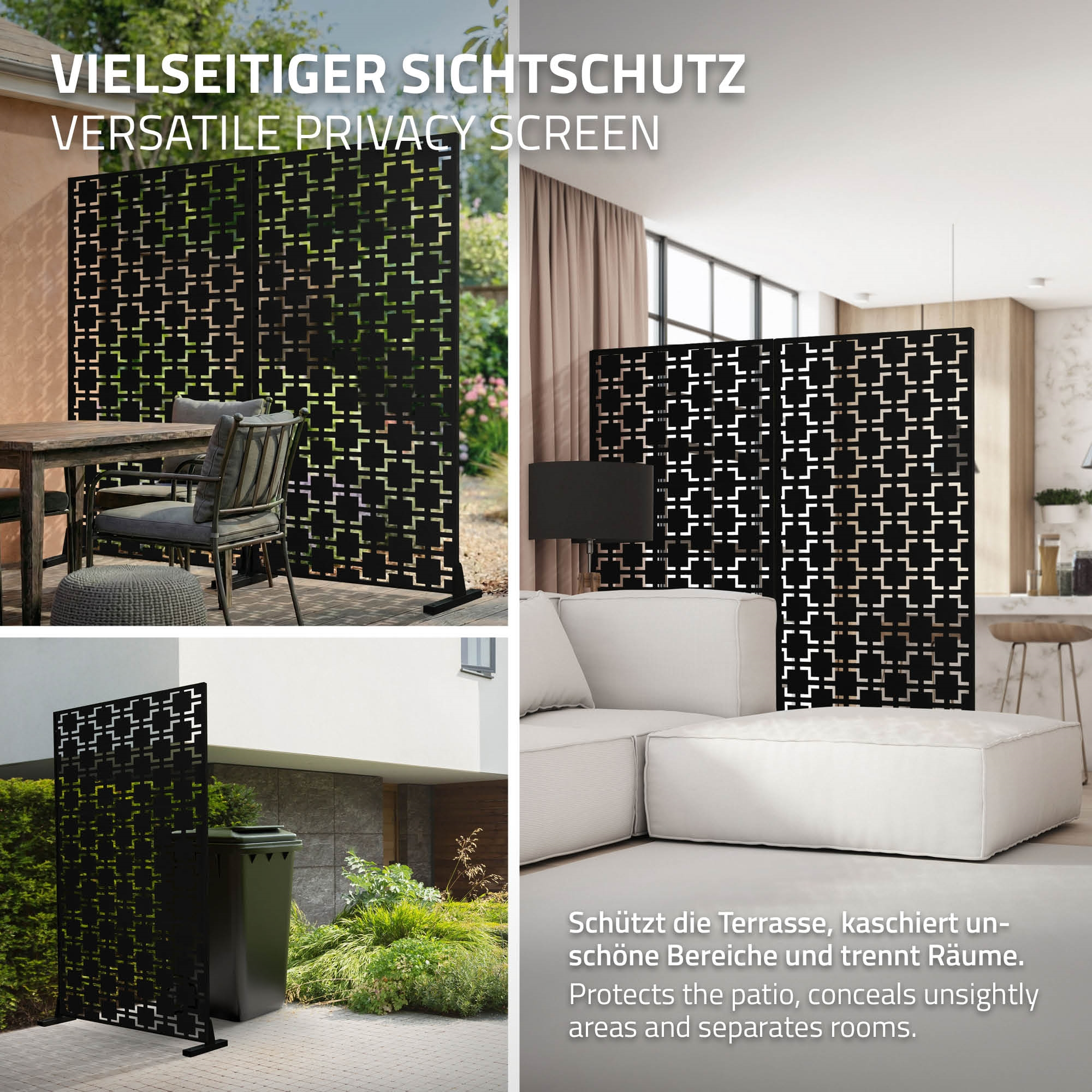 Schwarzer Sichtschutz mit geometrischem Muster auf Terrasse und im Wohnbereich.