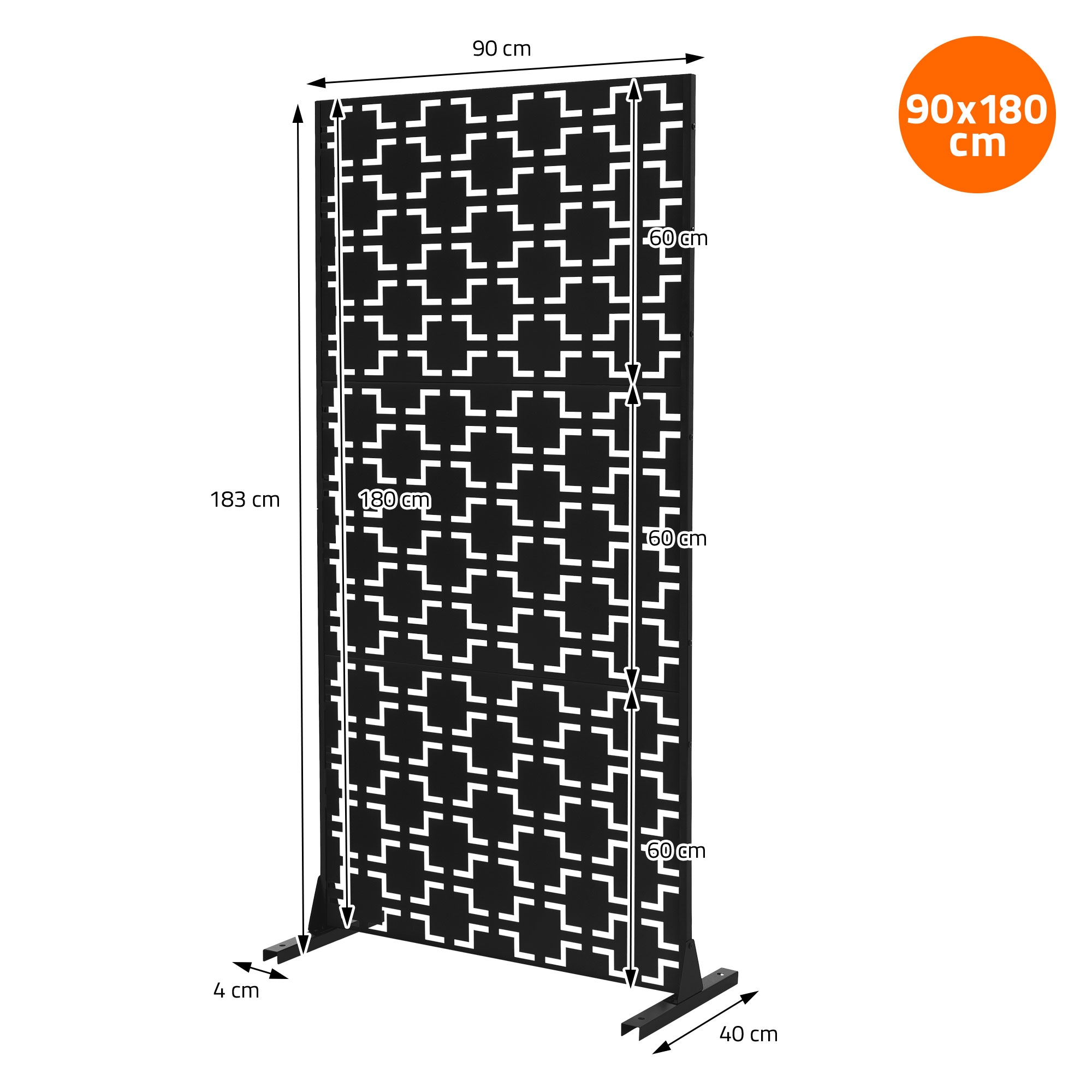 Schwarzer Sichtschutz 90x180cm mit geometrischem Muster und Maßen.