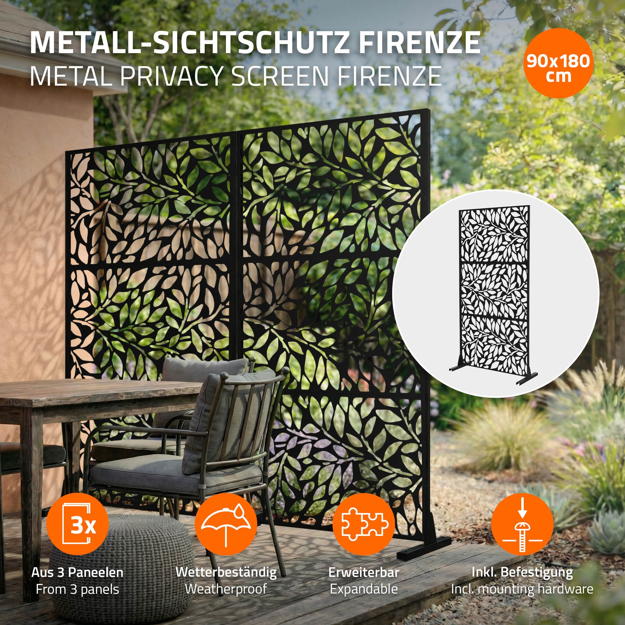 Schwarzer Metall-Sichtschutz mit Blattmuster, 90x180 cm, auf einer Holzterrasse.