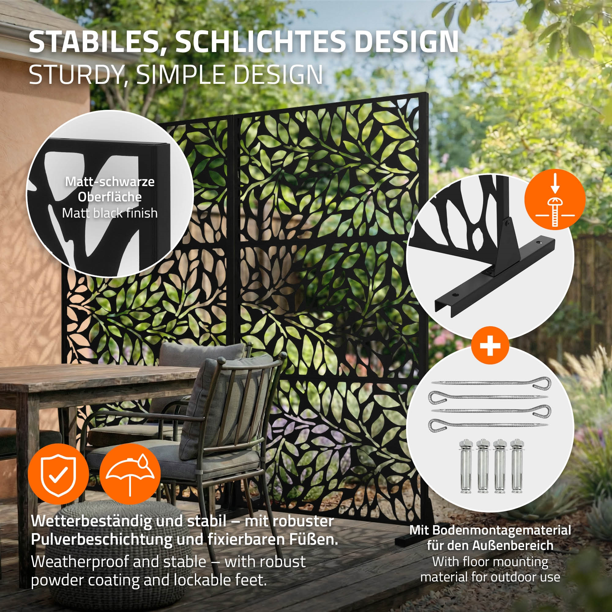 Schwarzer Sichtschutz mit Blattmuster, stabil, wetterfest, mit Montagematerial.