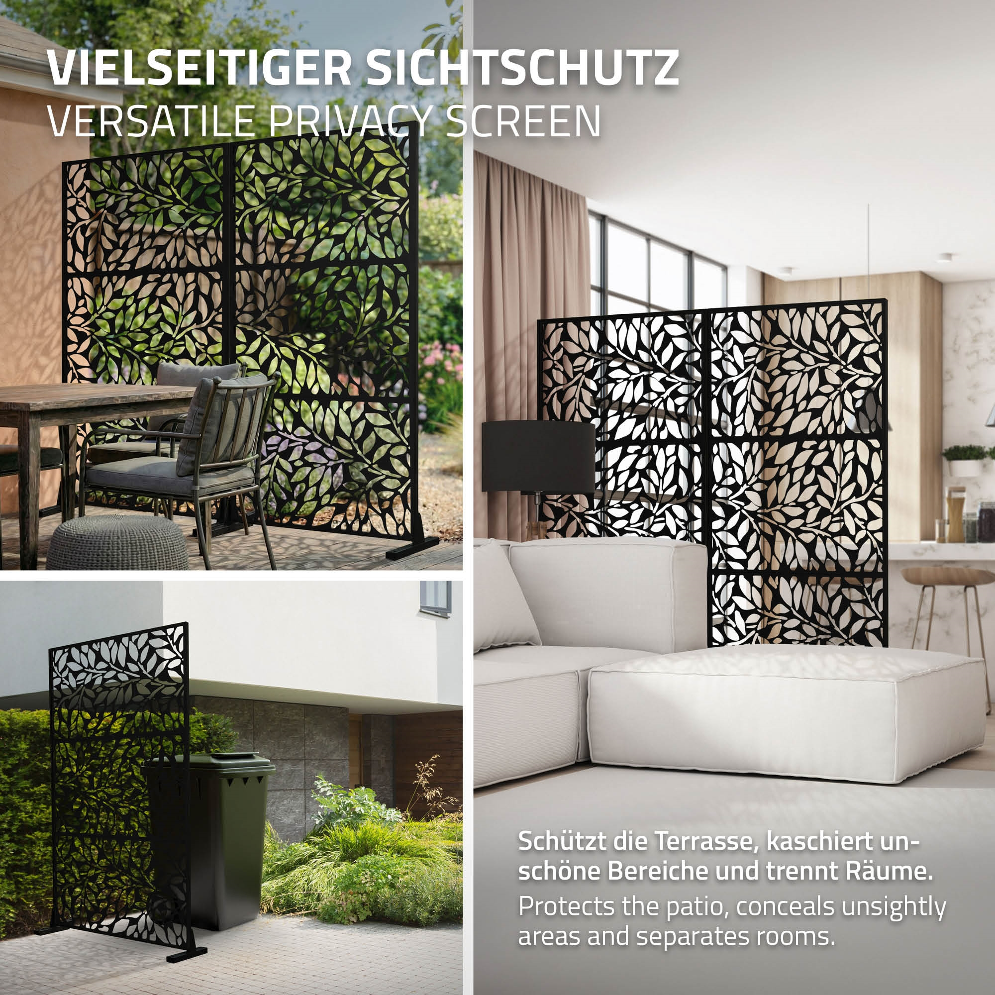 Ein schwarzer Sichtschutz mit Blättermuster teilt einen Innenraum und eine Terrasse.