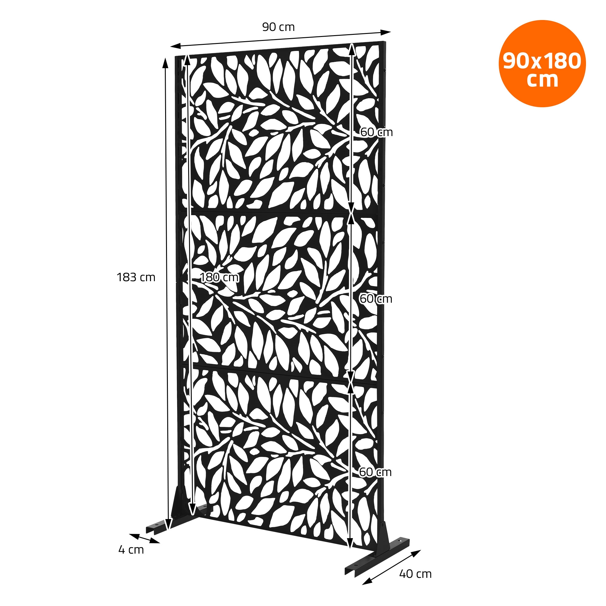 Schwarzer Sichtschutz 90x180 cm mit Blattmuster und Maßen.