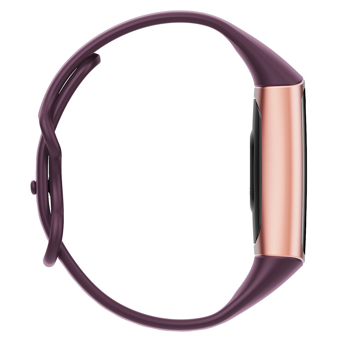 Ein lila Fitness-Tracker mit roségoldenem Gehäuse auf weißem Hintergrund.