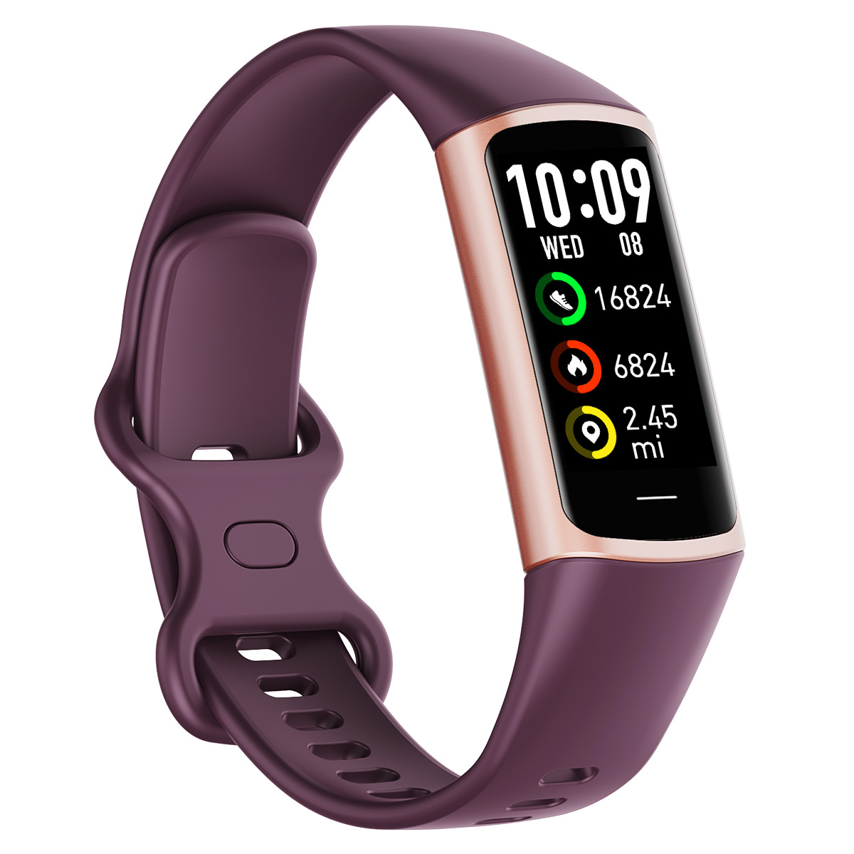 Lila Fitness-Tracker mit goldfarbenem Rahmen und Display, das Uhrzeit und Aktivität anzeigt.