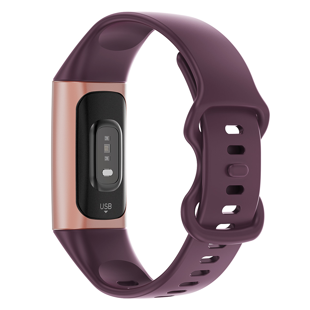 Ein lila Fitness-Tracker mit roségoldenem Gehäuse und USB-Anschluss.