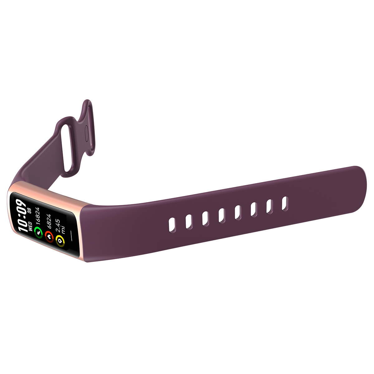 Ein lila Fitness-Tracker mit roségoldenem Gehäuse und Display zeigt 10:09 Uhr an.