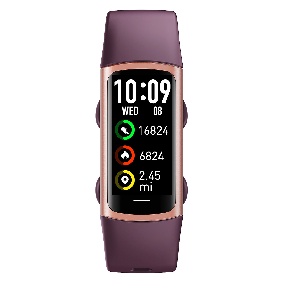 Ein lila Fitness-Tracker zeigt die Uhrzeit 10:09, Mittwoch 08, 16824 Schritte, 6824 Kalorien, 2,45 Meilen.