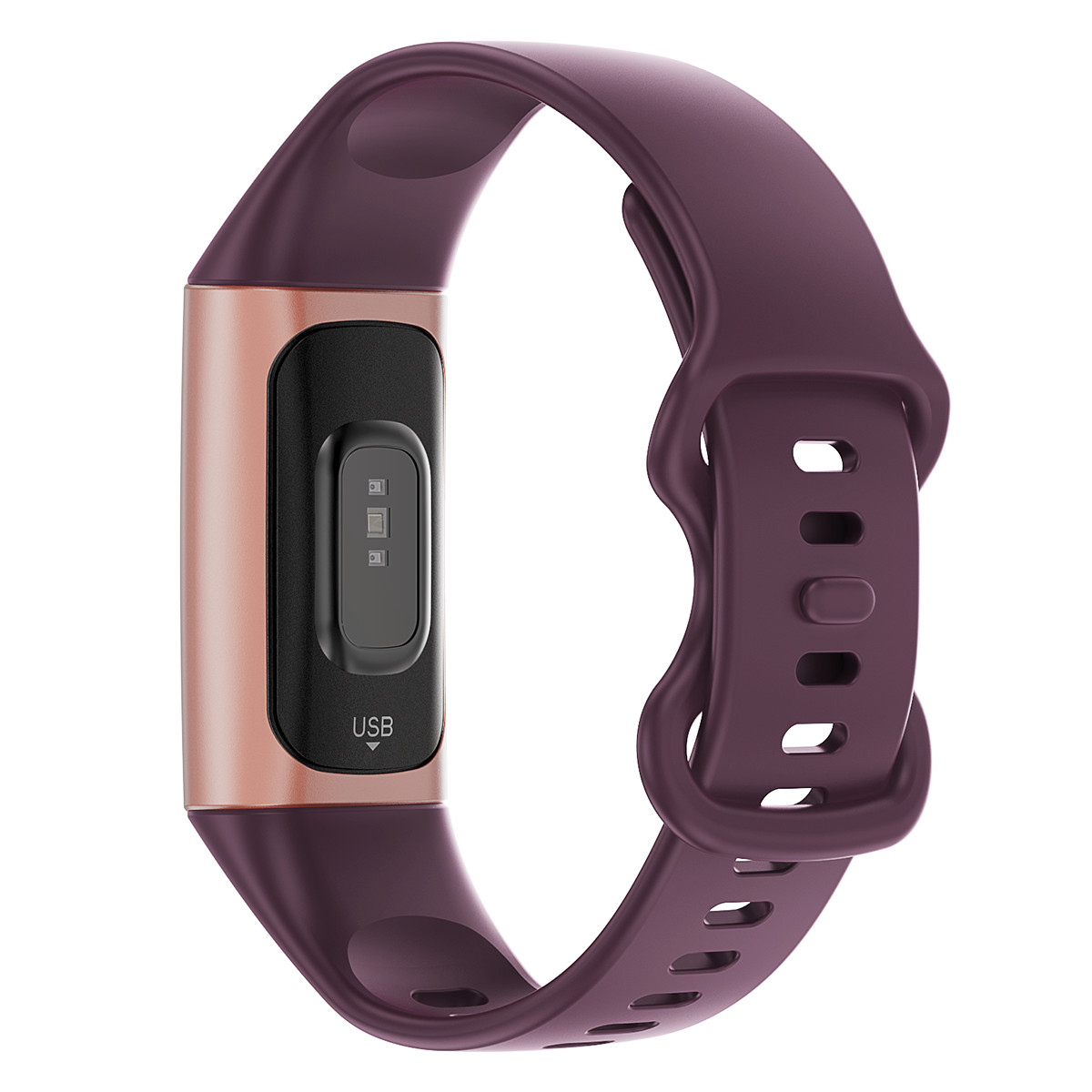 Ein lila Fitness-Tracker mit roséfarbenem Gehäuse und USB-Anschluss.